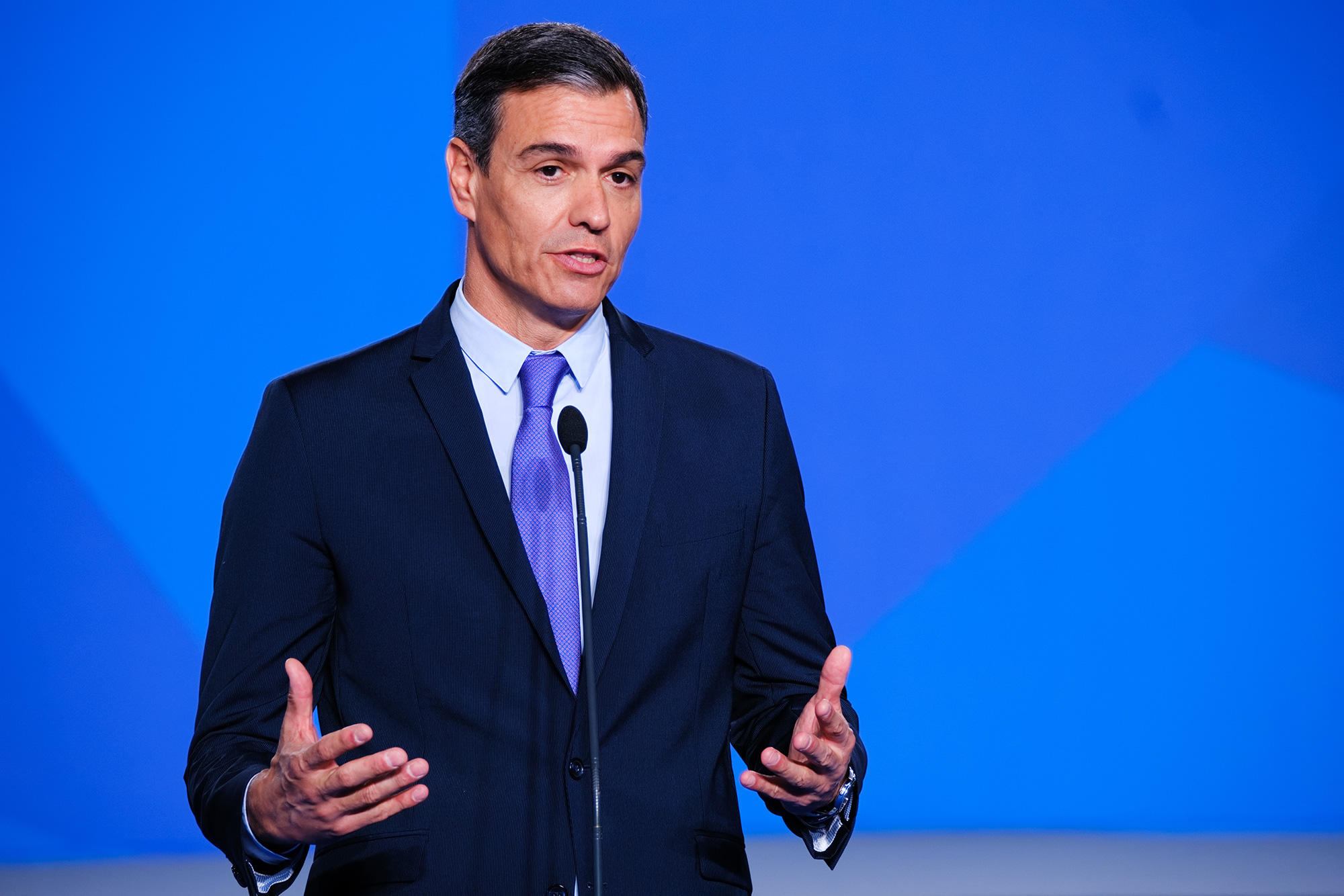 Spanish Prime Minister Pedro Sánchez speaks at the NATO Summit in Madrid, Spain on Tuesday, June 28.