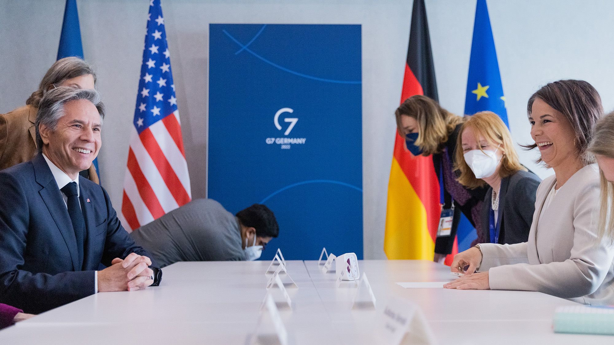 German Foreign Minister Annalena Baerbock, right, meets Antony Blinken, US Secretary of State, left, for talks at the meeting of G7 foreign ministers in Münster, Germany, on November 3.