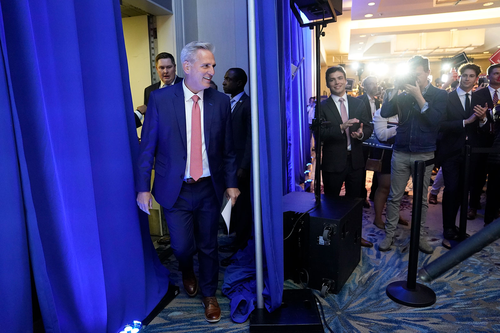 Kevin McCarthy walks into a House Republicans party at the Westin Hotel in Washington, DC, on November 9. 