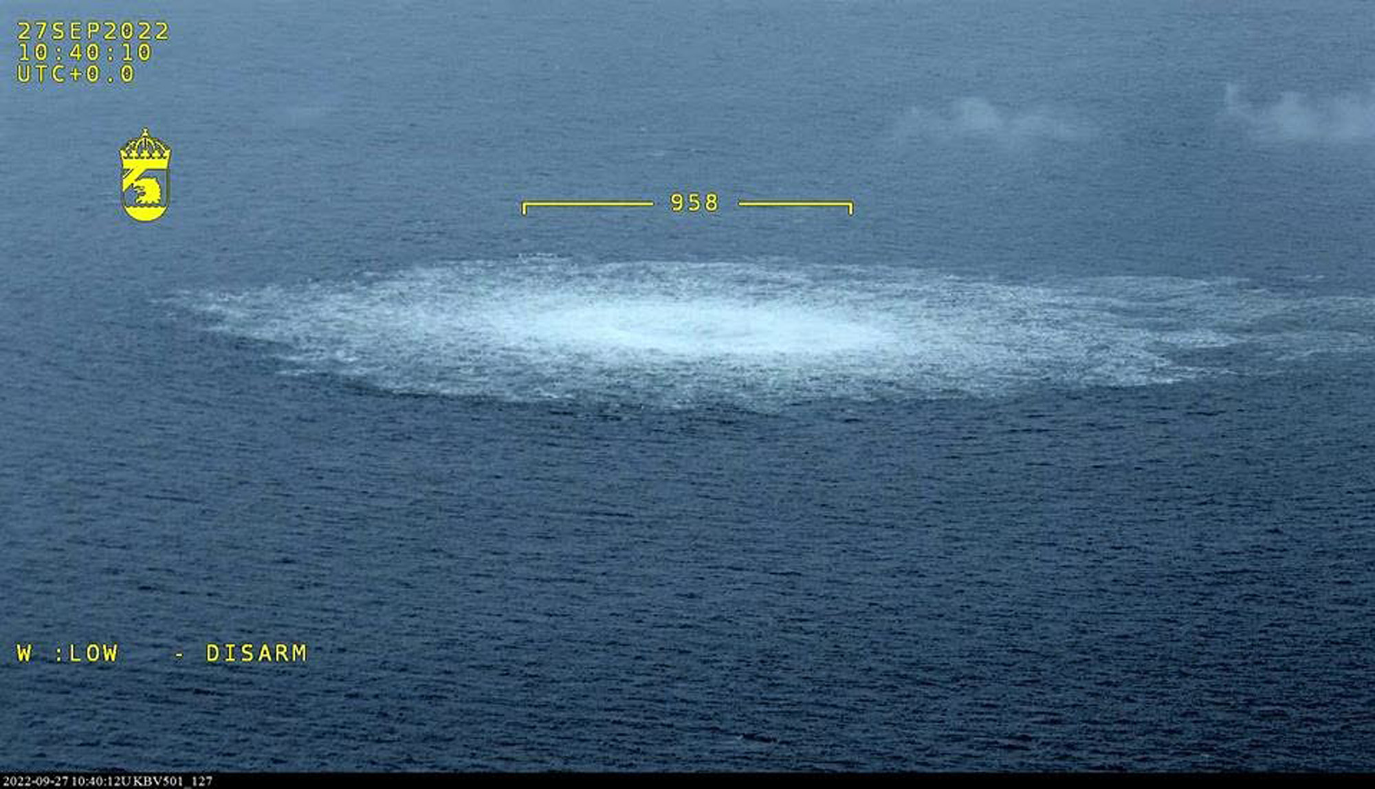 The release of gas emanating from a leak on the Nord Stream 2 gas pipeline in the Baltic Sea on September 27 is seen in this handout image provided by Swedish Coast Guard.