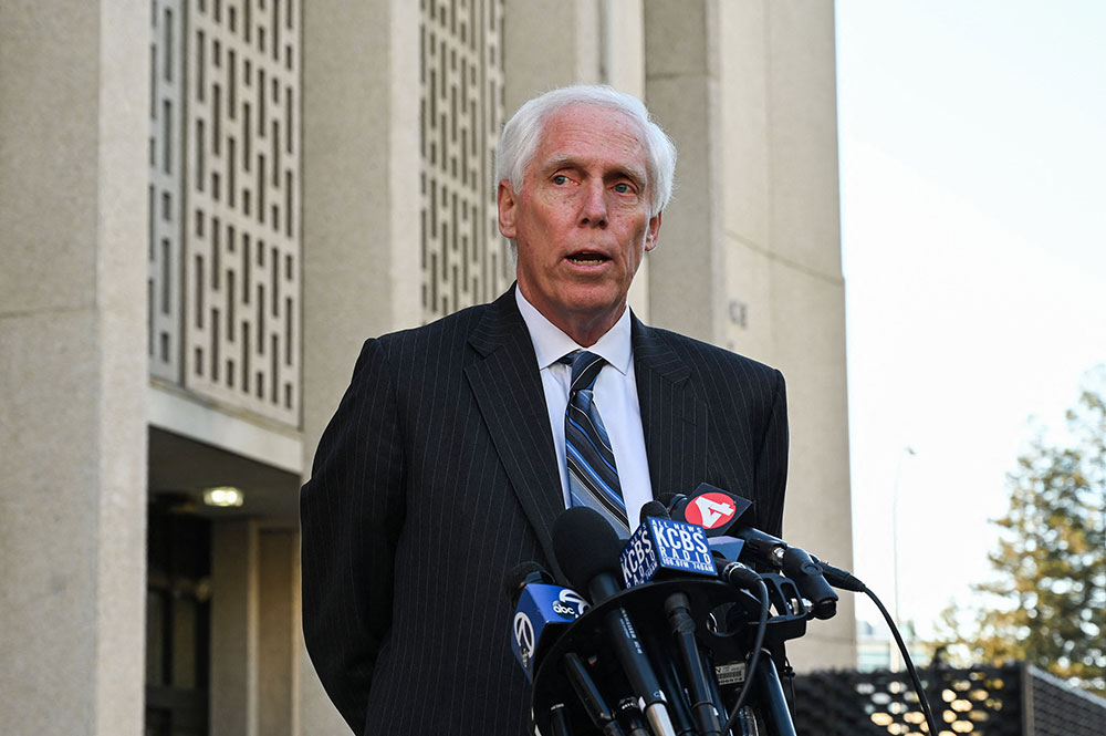 San Mateo County District Attorney Steve Wagstaffe speaks to members of the media following the arraignment of Chunli Zhao outside the San Mateo Criminal Court in Redwood City, California, on January 25.