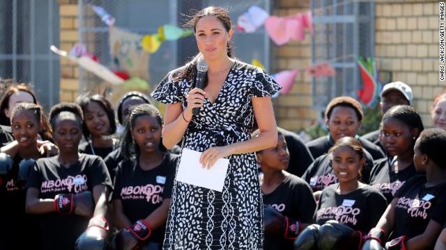 Meghan, Duchess of Sussex, makes a speech as she visits a Justice Desk initiative in Nyanga township with Prince Harry during their royal tour of South Africa on September 23, 2019.