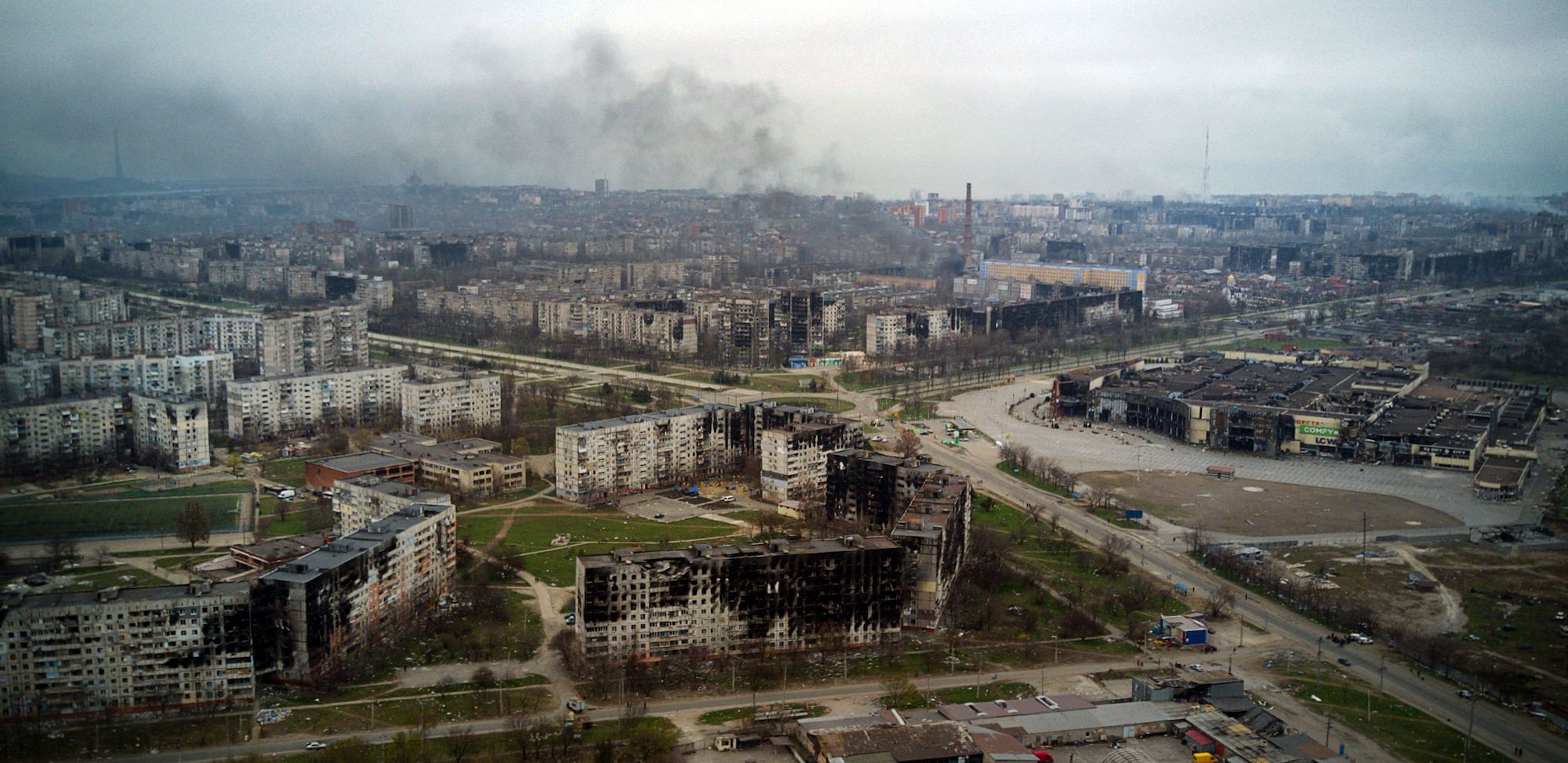 An aerial view of Mariupol on April 12, 2022.