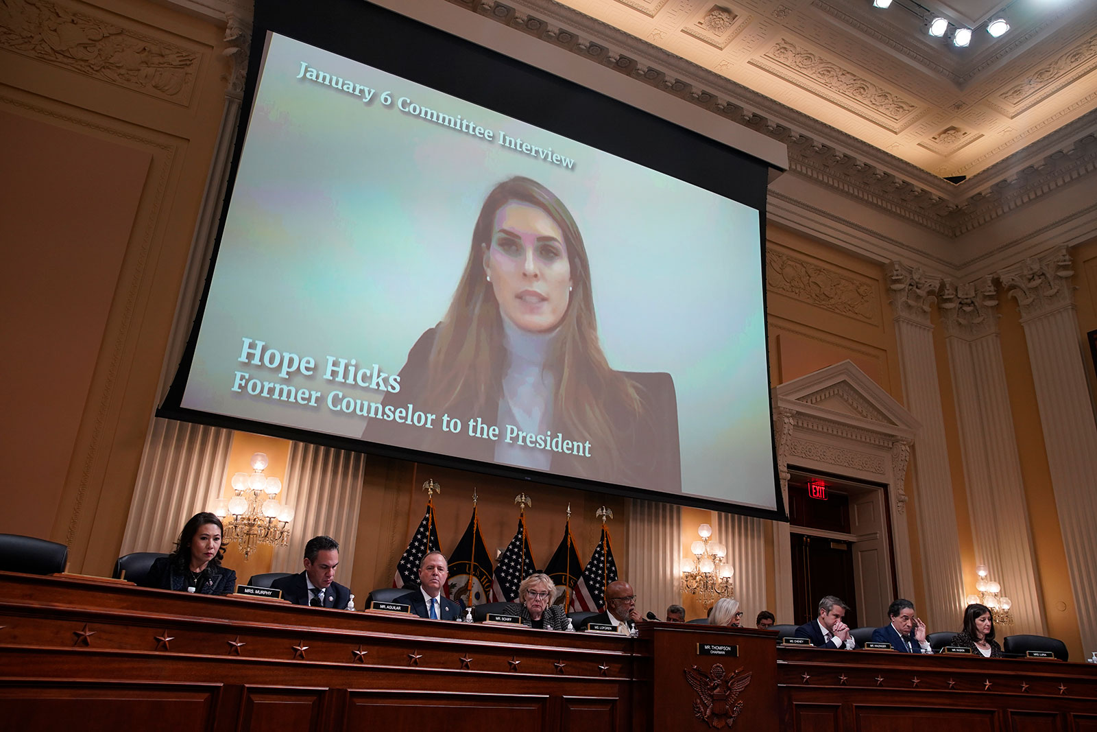 Hope Hicks, a former aide to former President Donald Trump, is displayed on a screen during the House select committee hearing on Monday. 