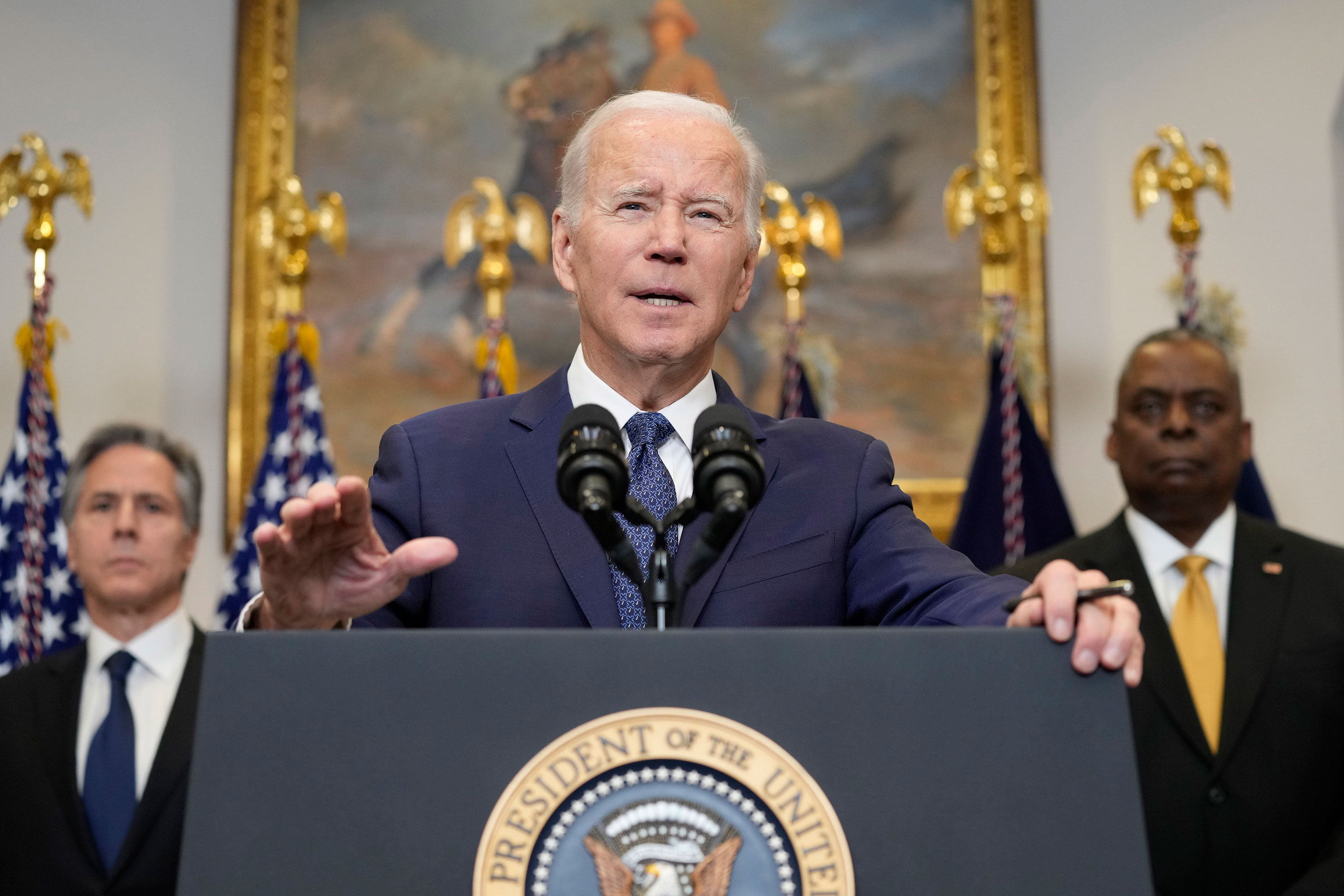 President Joe Biden speaks about Ukraine from the Roosevelt Room of the White House on Wednesday.