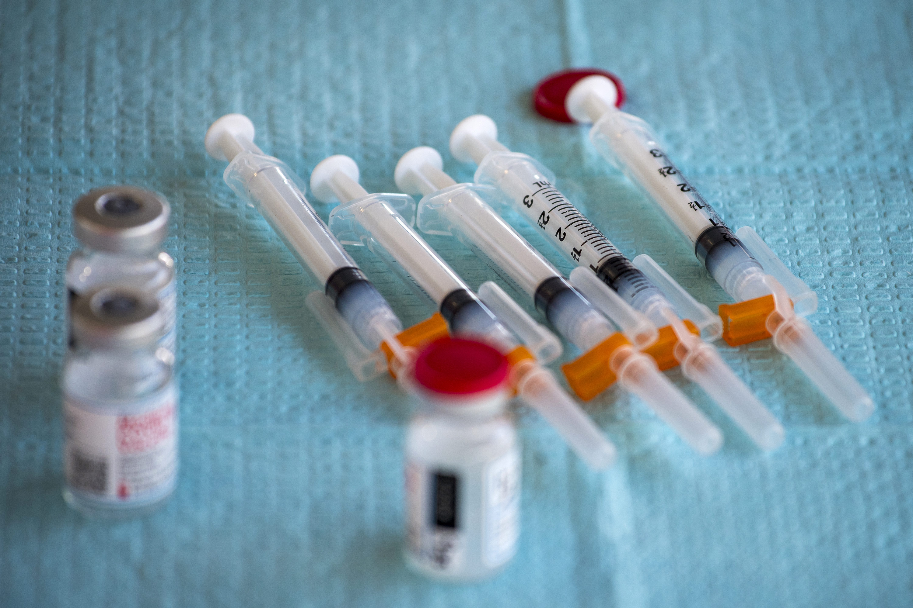 Syringes of the Moderna Covid-19 vaccine at a vaccination clinic organized by the Santa Clara County Public Health Department in Gilroy, California, on Thursday, March 4. 