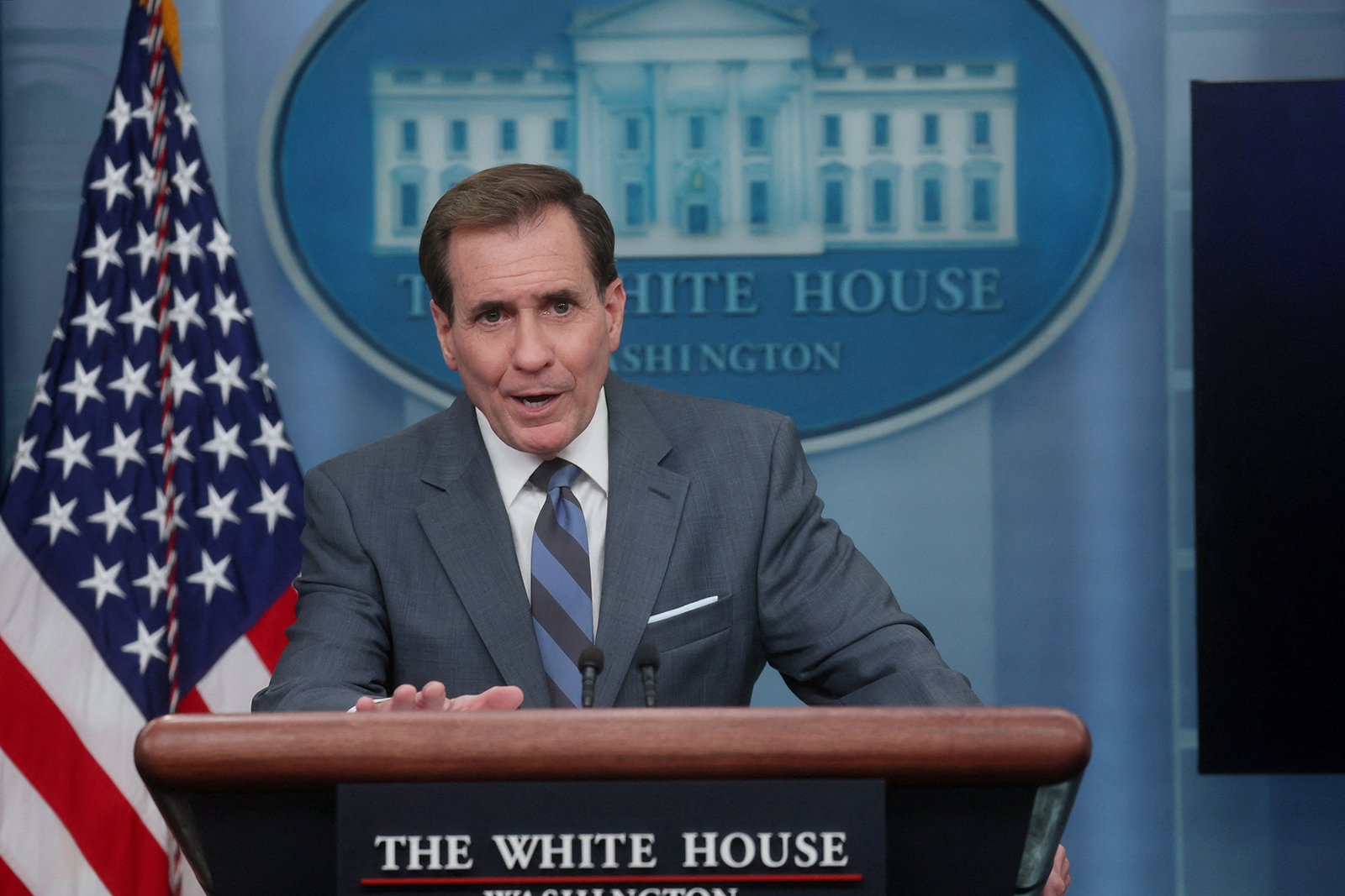 John Kirby speaks during a press briefing at the White House in Washington, U.S., on May 4.