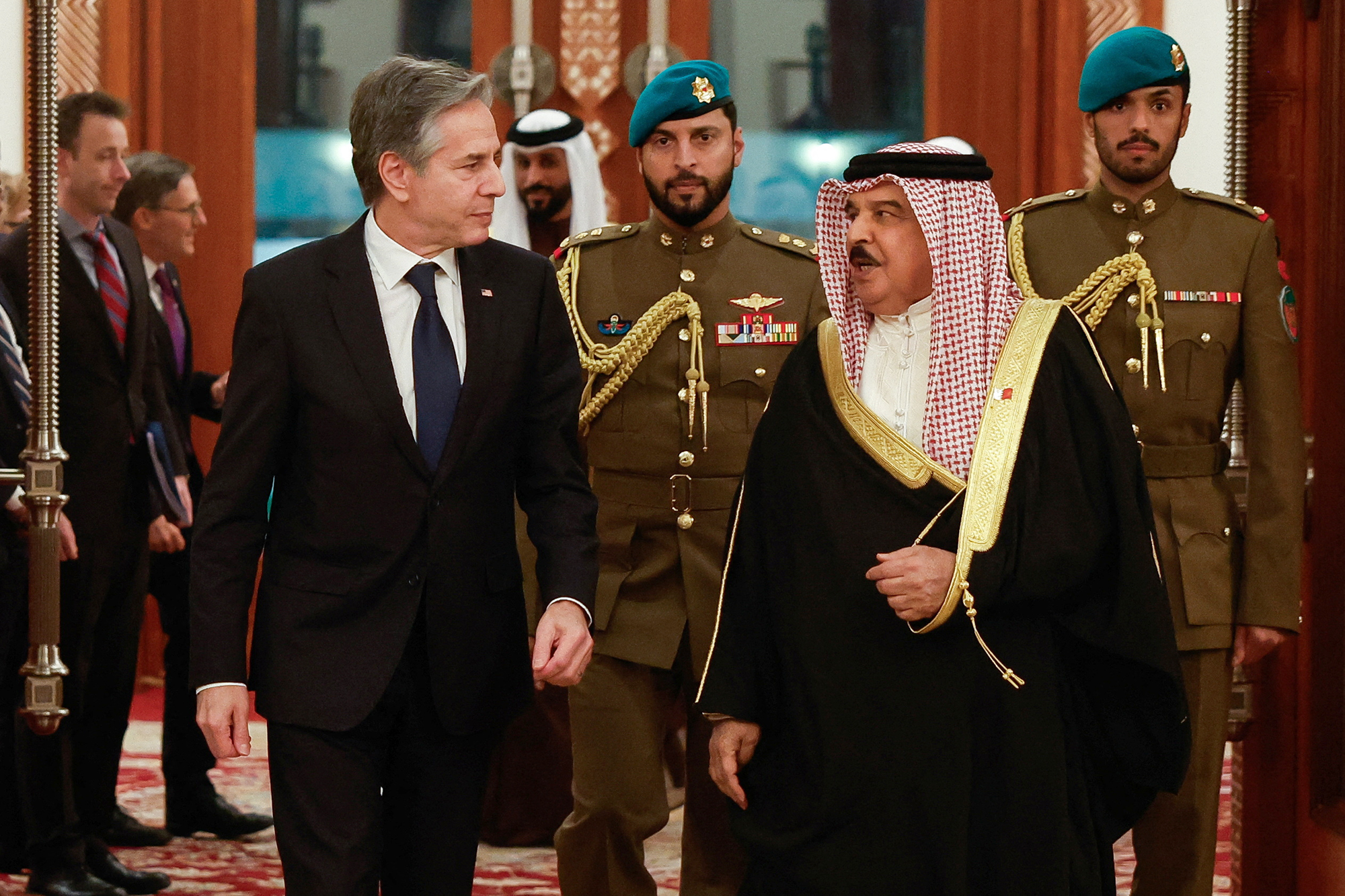 U.S. Secretary of State Antony Blinken, left, walks with Bahrain's King Hamad bin Isa al-Khalifa in Manama, Bahrain, on January 10.