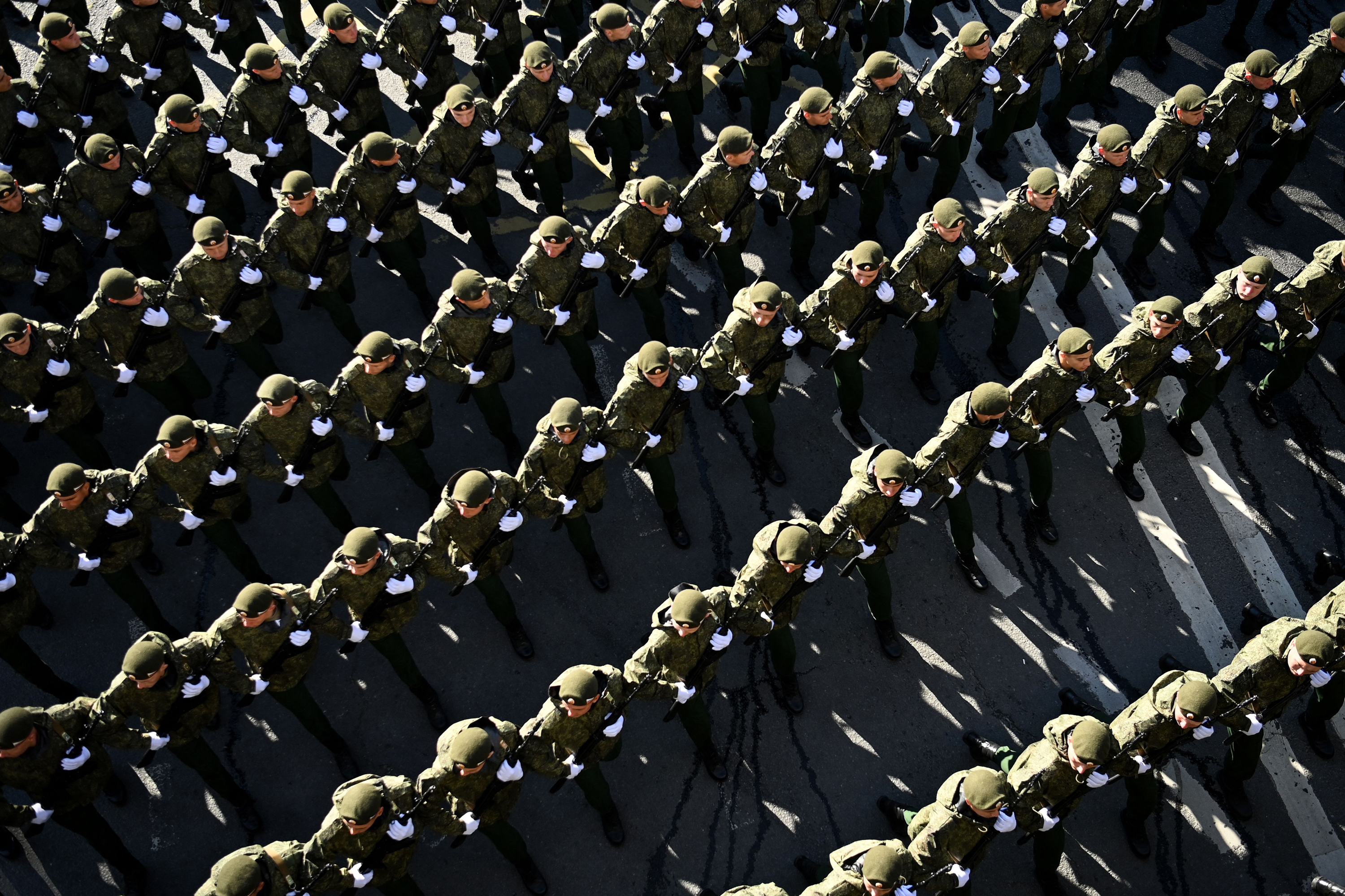 Russian servicemen arrive to the Victory Day Parade rehearsal in Moscow, on May 7.