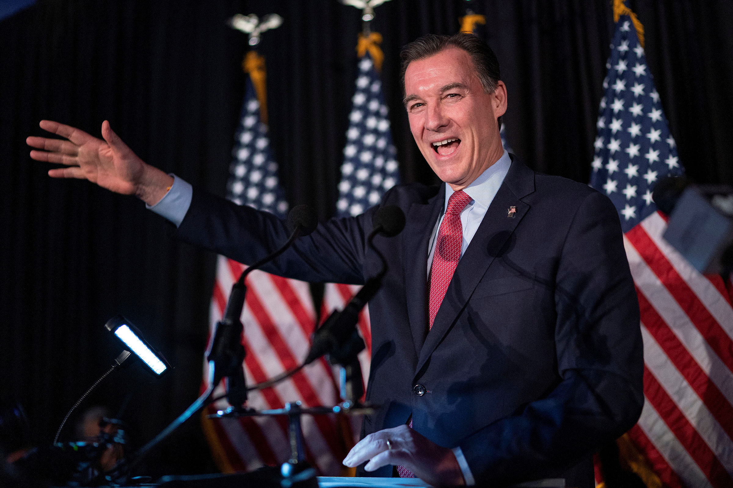 Suozzi delivers his victory speech during his election night party in Woodbury, New York, on February 13.