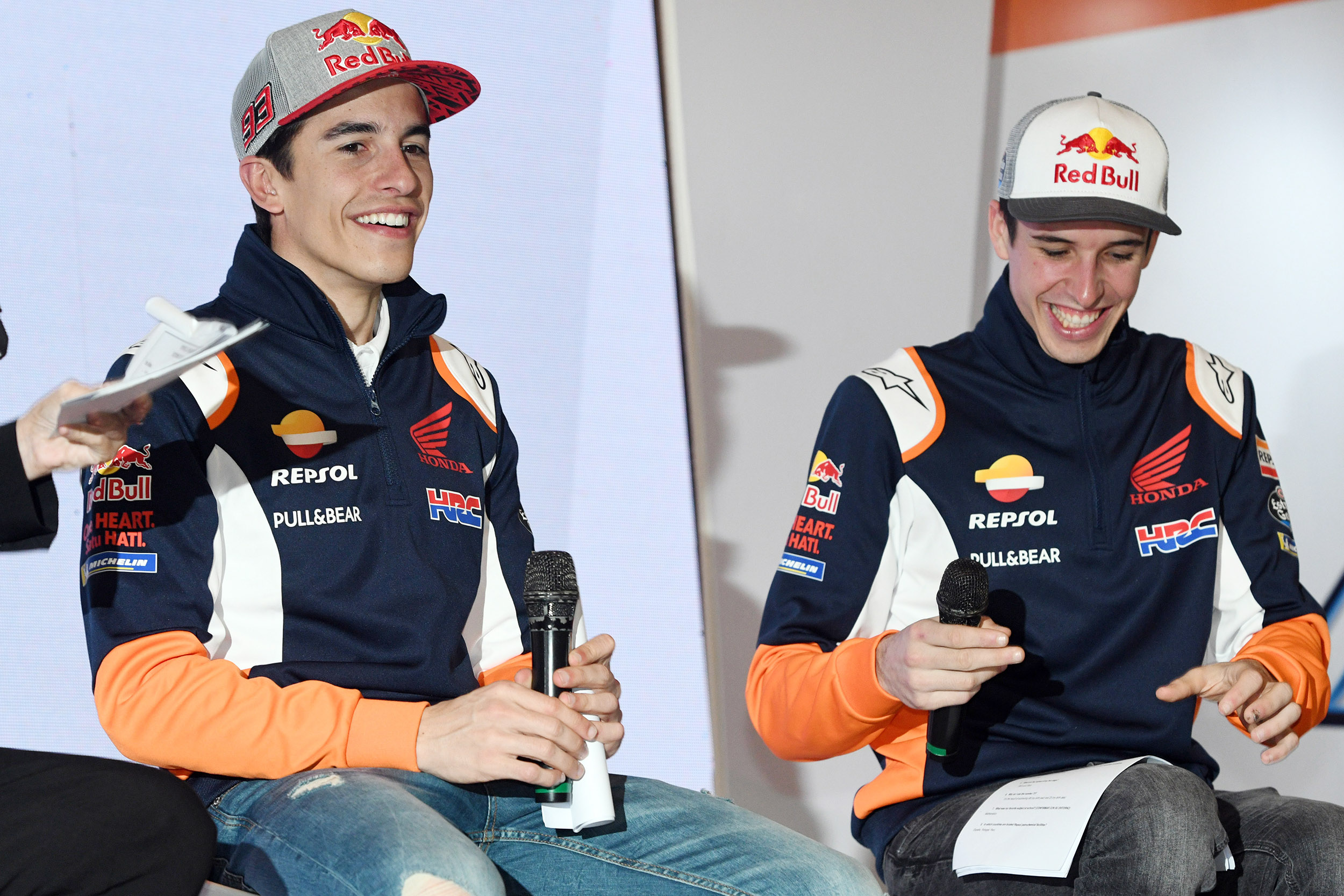 Motorcyclists Marc Marquez, left, and his brother Alex Marquez prepare to greet fans during the launch of Repsol oil products in Jakarta, Indonesia, on February 5. 