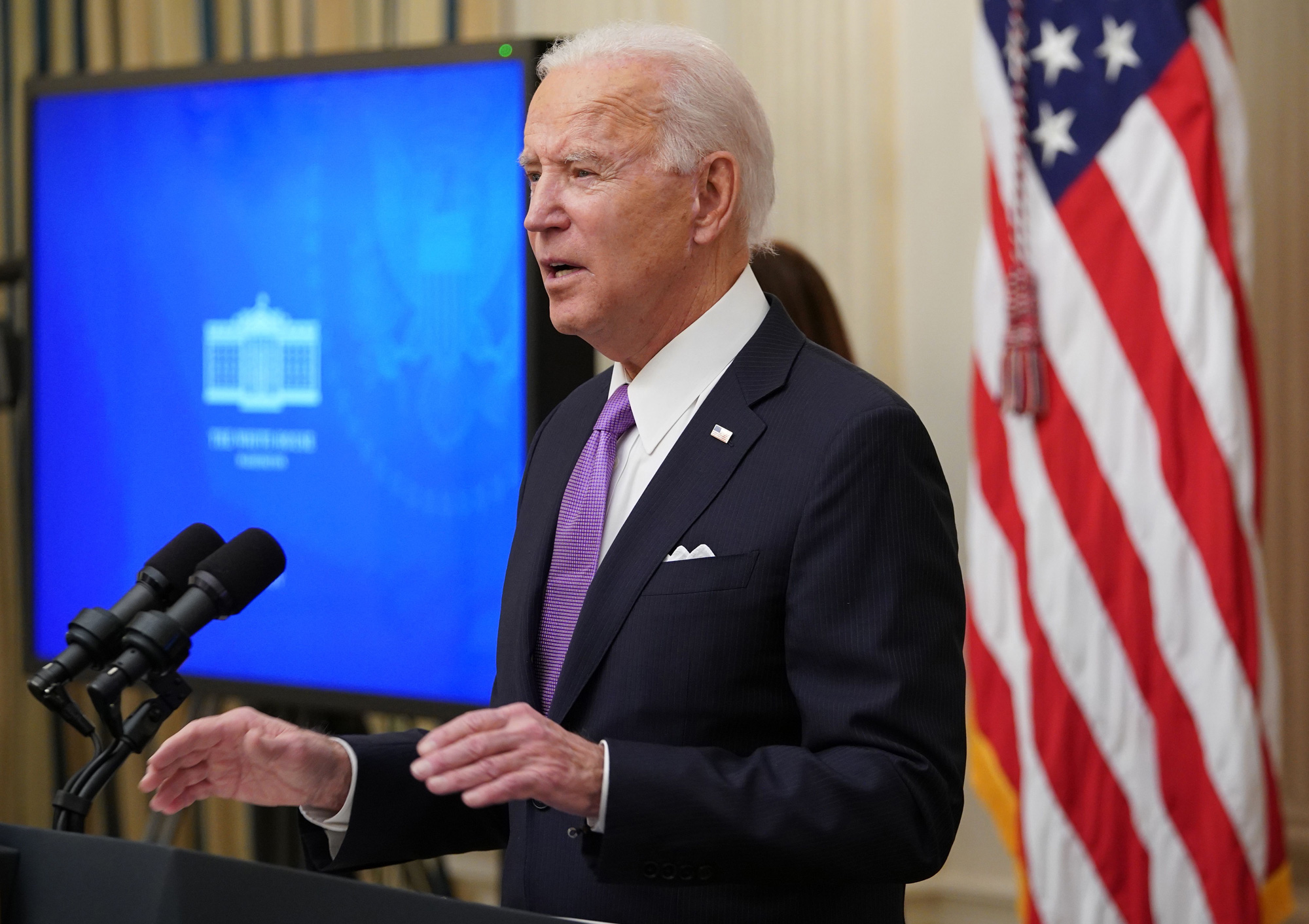 President Joe Biden speaks about the Covid-19 response in the State Dining Room of the White House in Washington, DC, on January 21.