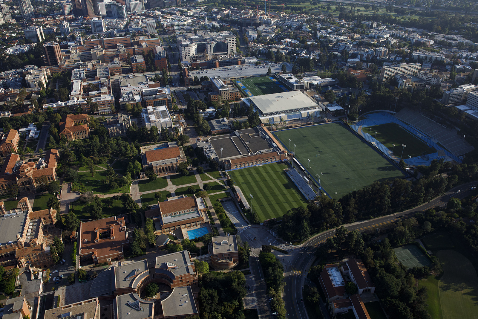 The University of California Los Angeles (UCLA) campus stands empty as seen from above on Friday, May 1.