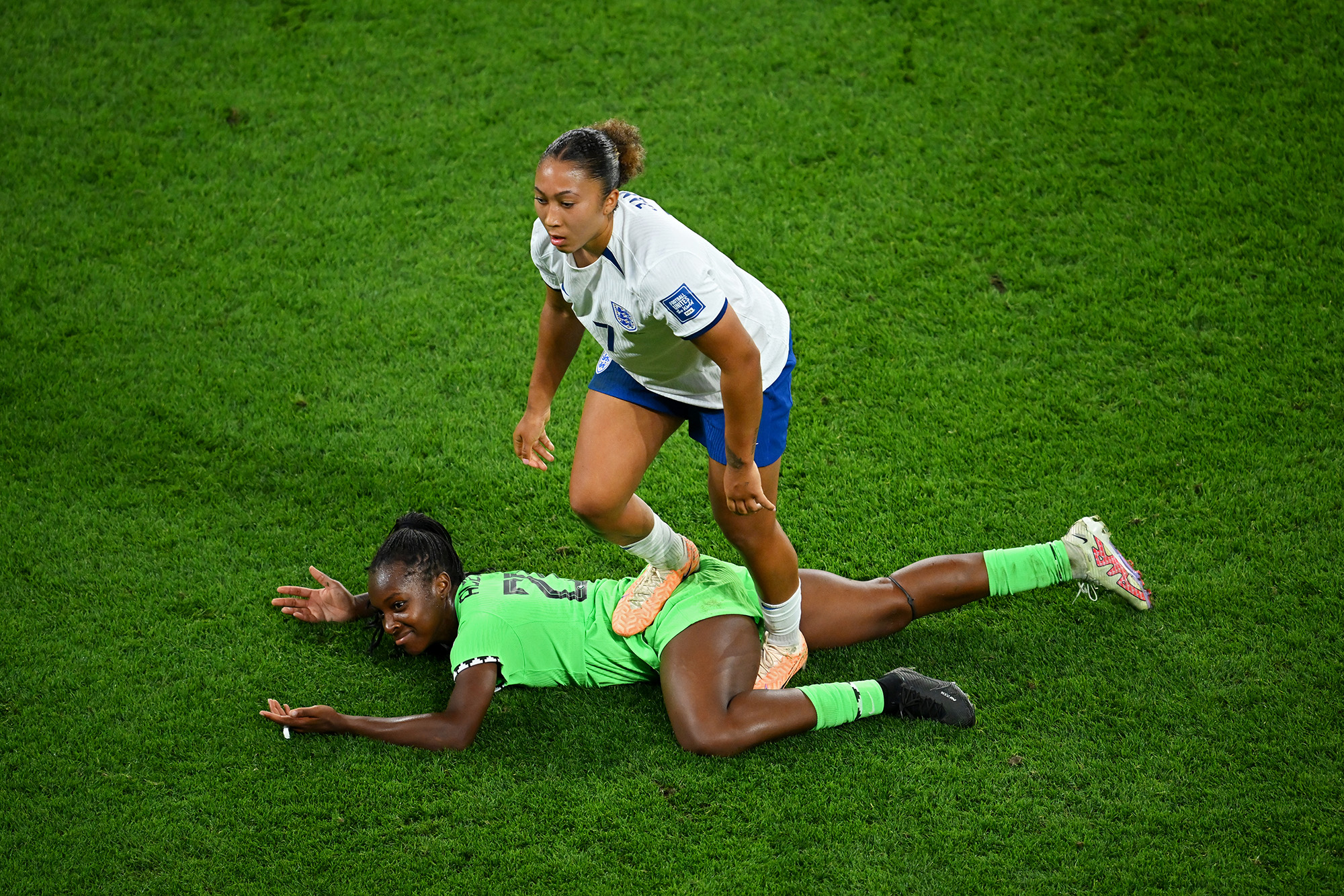 England forward Lauren James stamps on Michelle Alozie of Nigeria during their round-of-16 match at Brisbane Stadium on August 7.