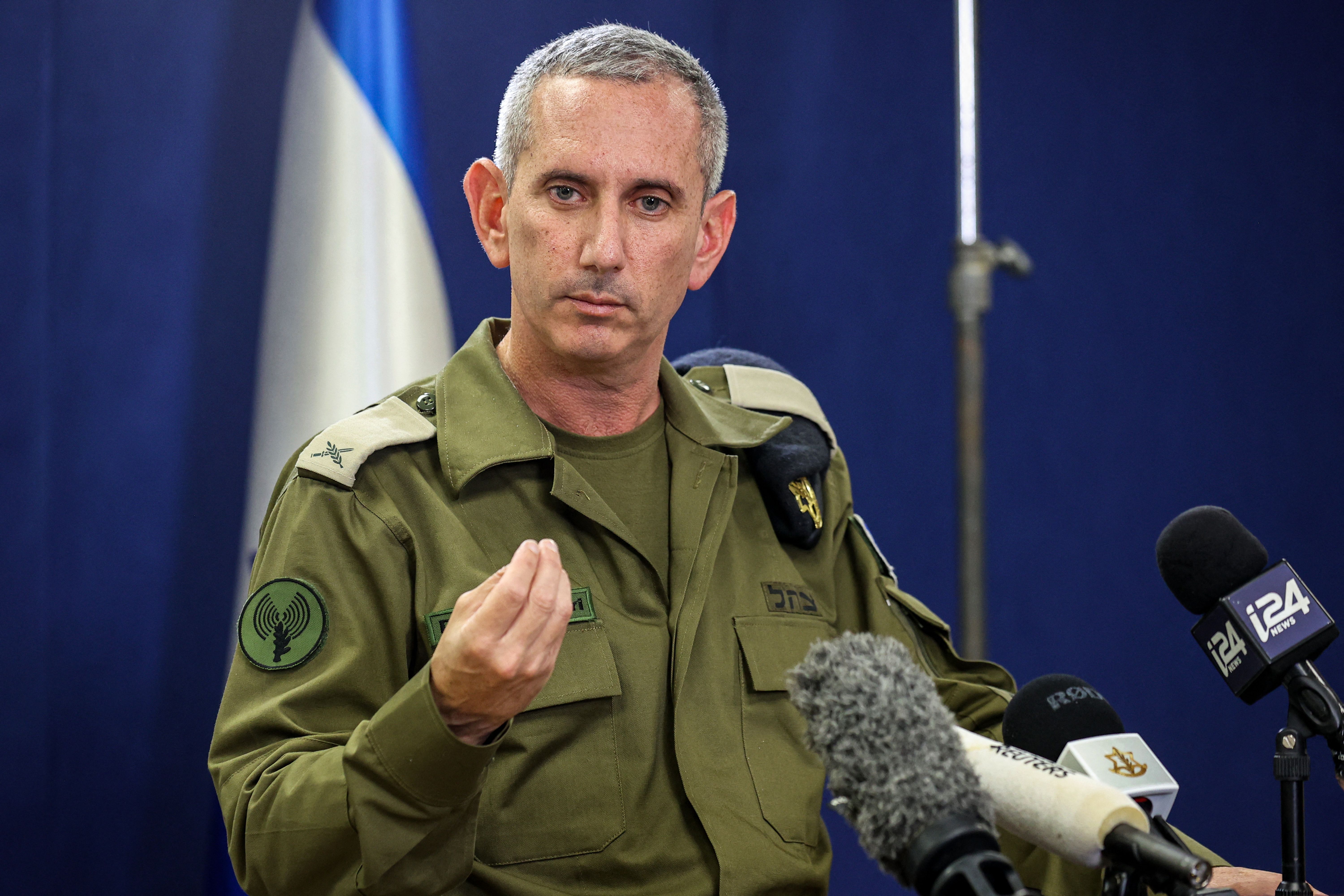 Israeli army spokesman Rear Admiral Daniel Hagari speaks to the press from The Kirya, which houses the Israeli Ministry of Defense, in Tel Aviv, Israel, on October 18, 2023.