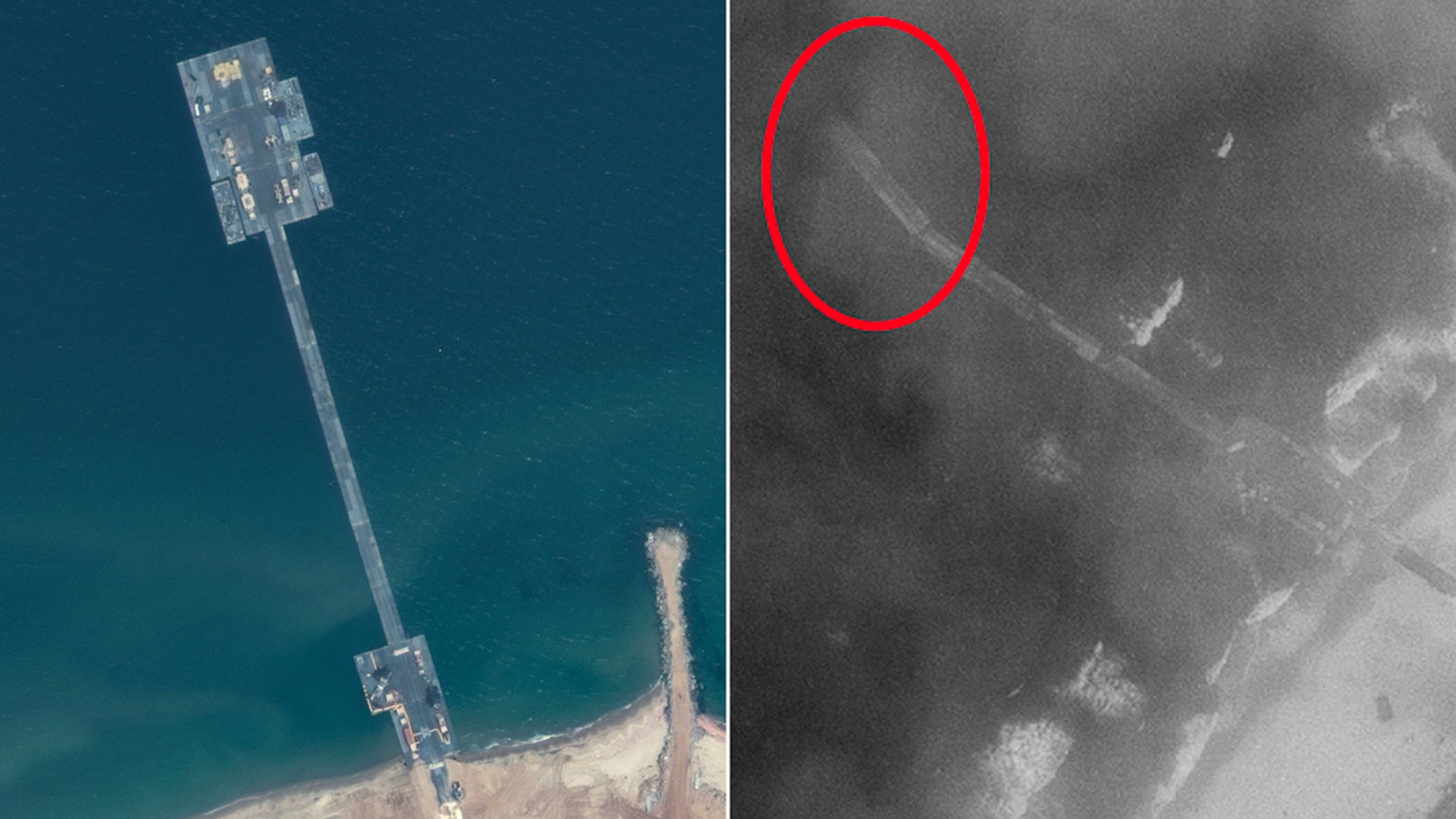 A Maxar Technologies satellite image, taken on Tuesday afternoon, right, shows a large section of the floating pier is missing. A May 18 satellite image, also from Maxar Technologies, left, shows how the pier is supposed to look.