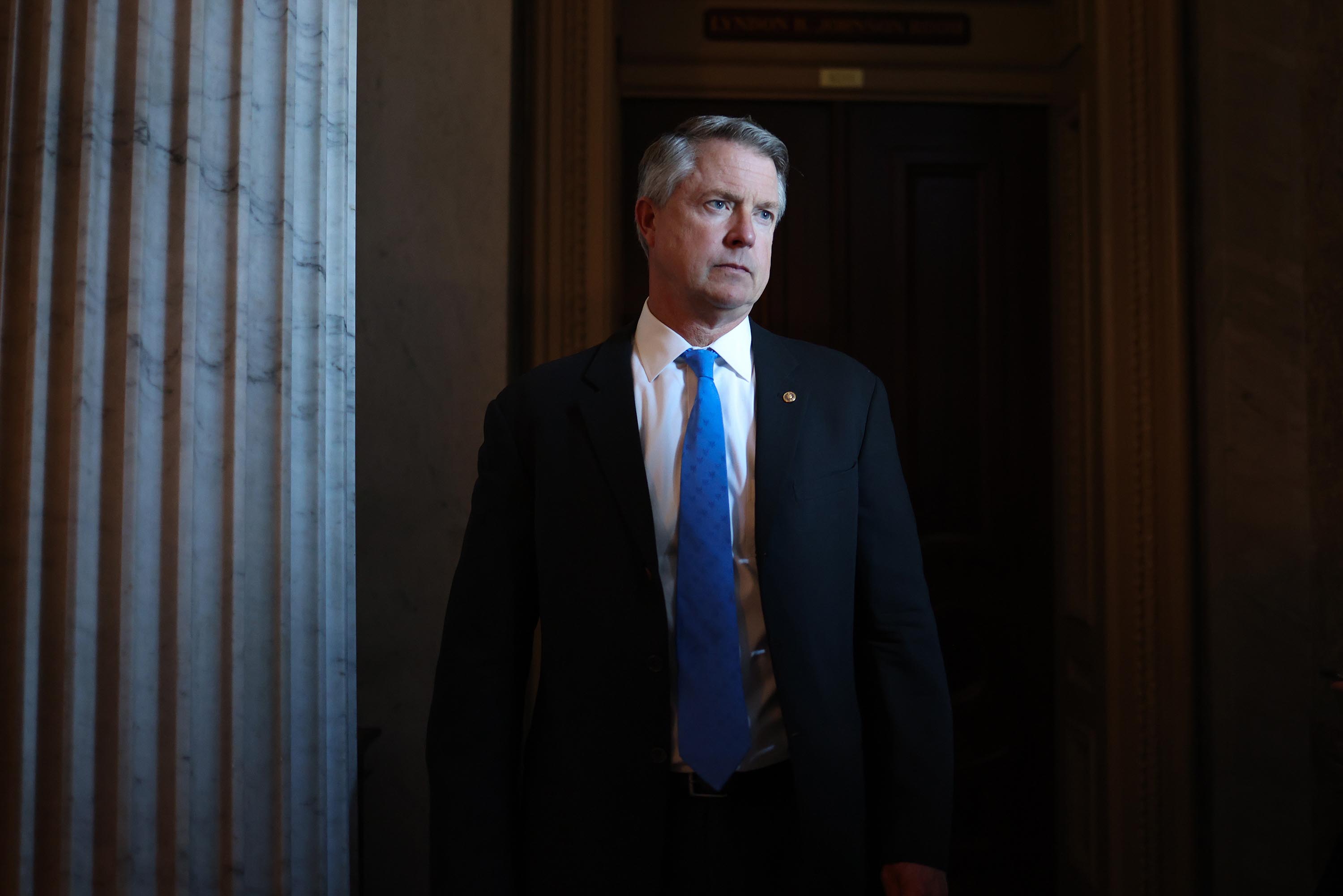  Sen. Roger Marshall (R-KS) departs from a luncheon with Senate Republicans in the U.S. Capitol building on August 5, 2021. 