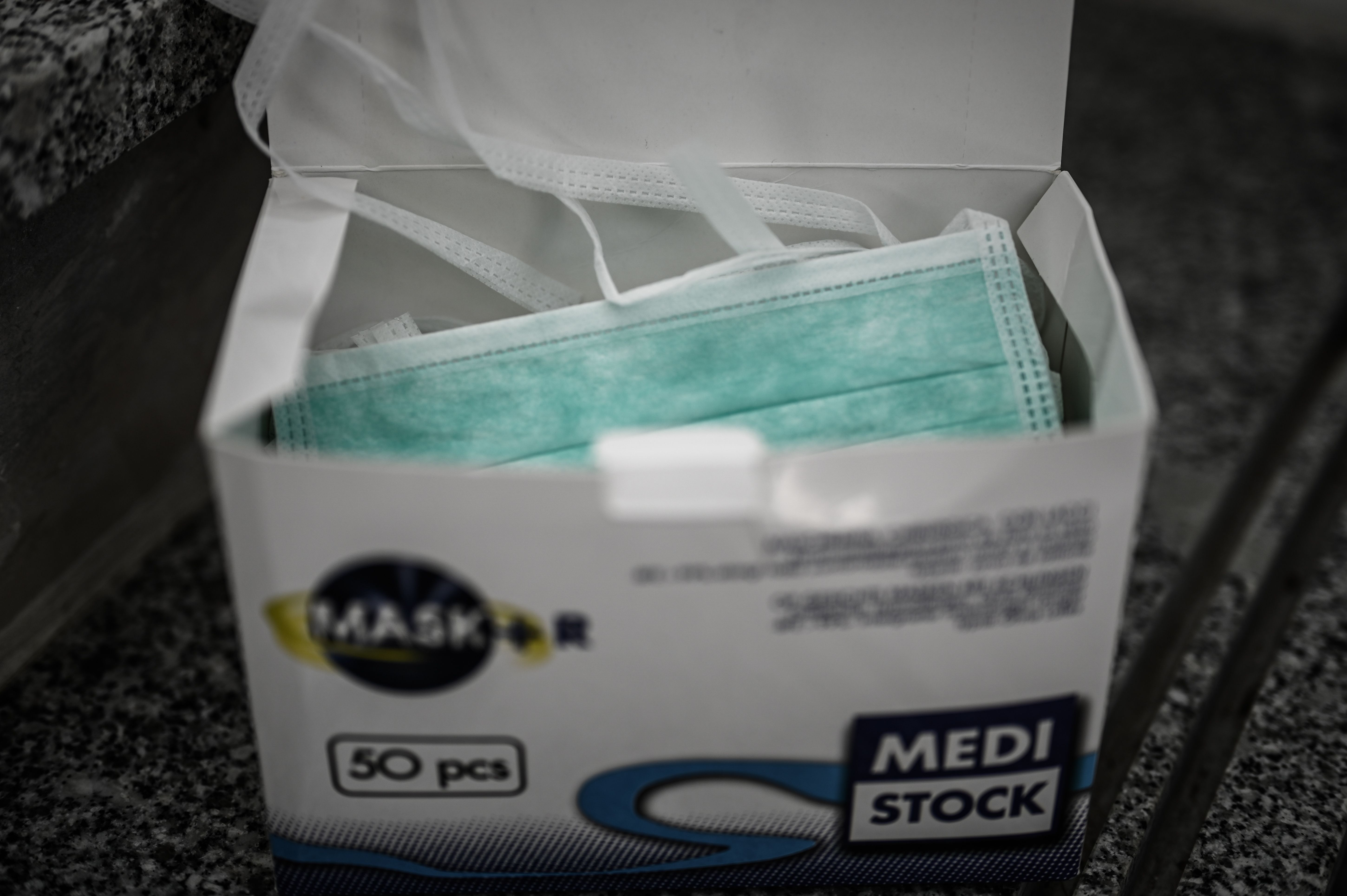 A box of protective masks at the medical center for testing patient for the COVID-19 virus, in Paris on Friday, March 27.