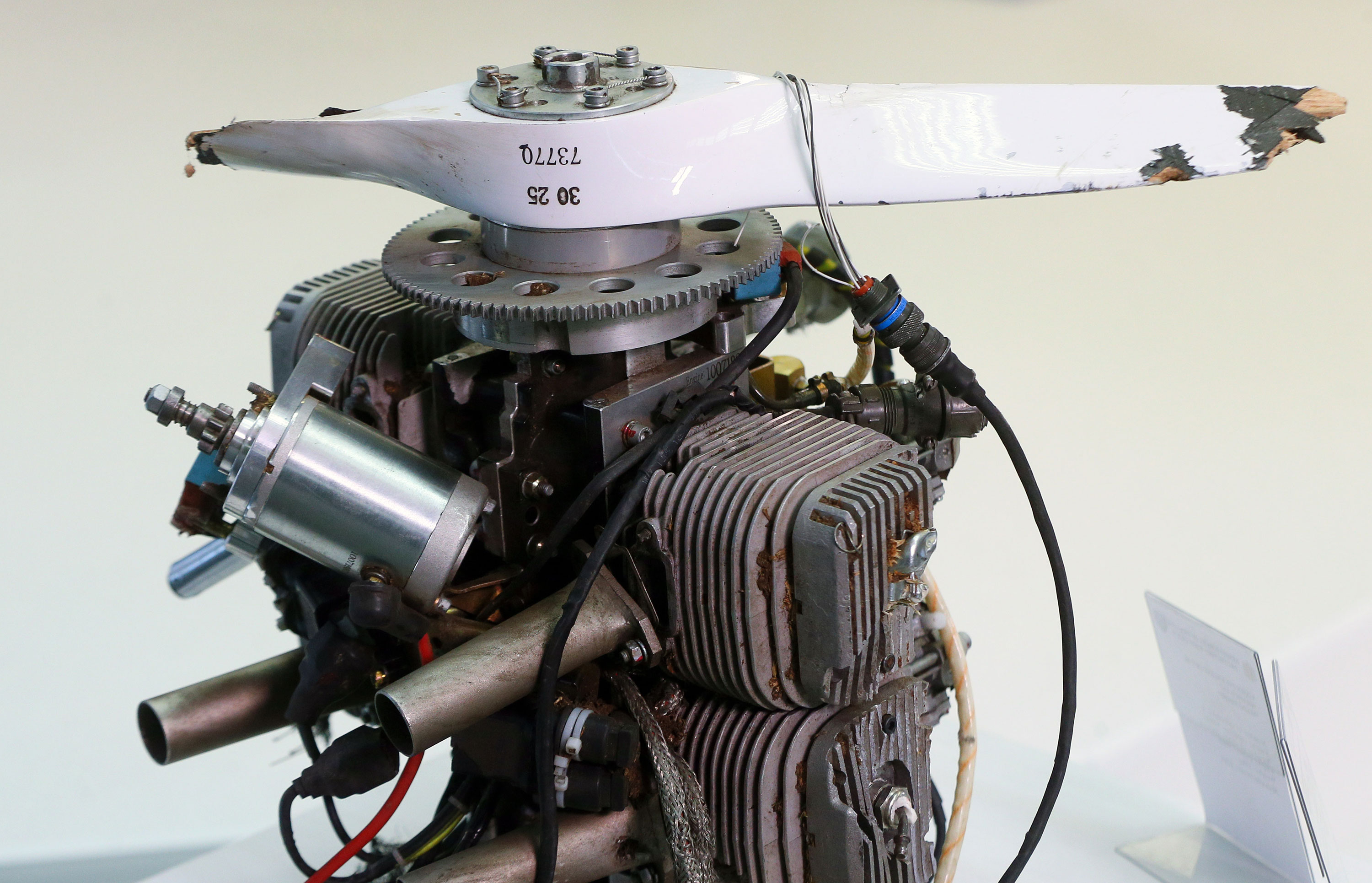 The motor of a Russian Geran-2 drone is pictured during a media briefing of the Security and Defense Forces of Ukraine in Kyiv on April 13. 