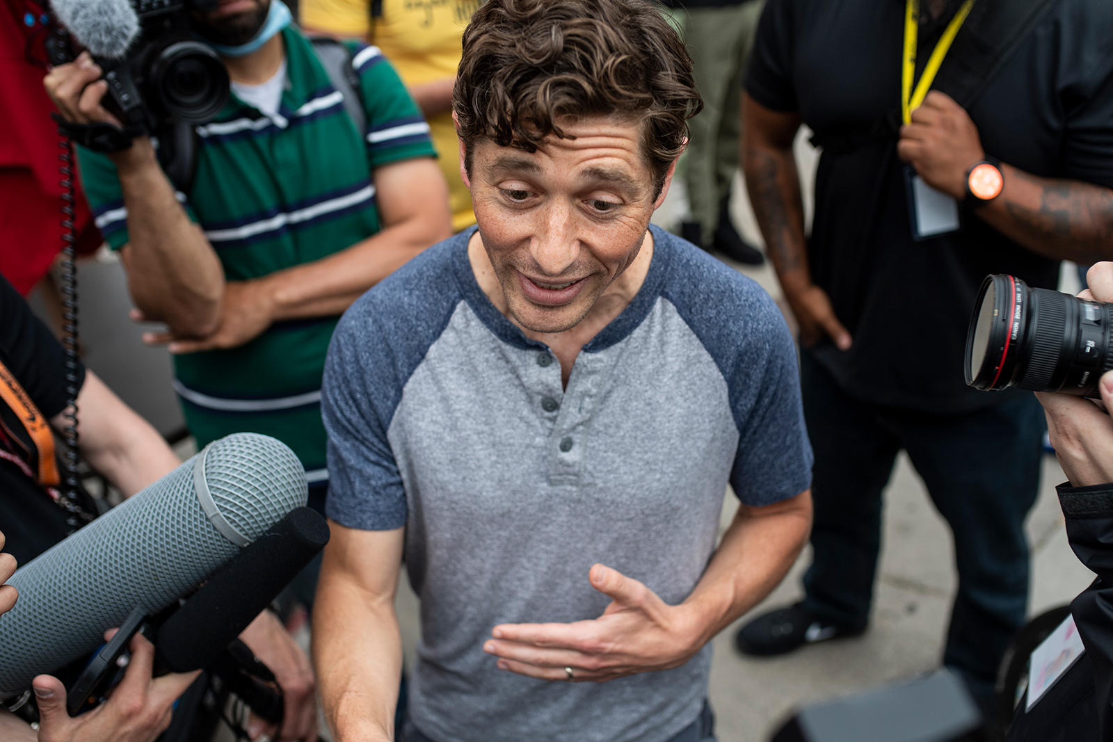 Minneapolis Mayor Jacob Frey speaks with demonstrators calling for the Minneapolis Police Department to be defunded on June 6, in Minneapolis, Minnesota.