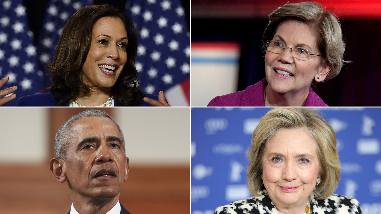 Sen. Kamala Harris, Sen. Elizabeth Warren, Former President Obama, and Former Secretary of State Hillary Clinton.