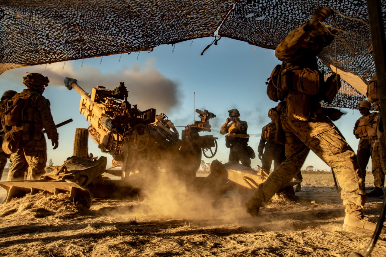 US Marines fire an M777 howitzer during an exercise with the Australian Defence Force at the Mount Bundey Training Area, in the Northern Territory, Australia on August 27, 2019.