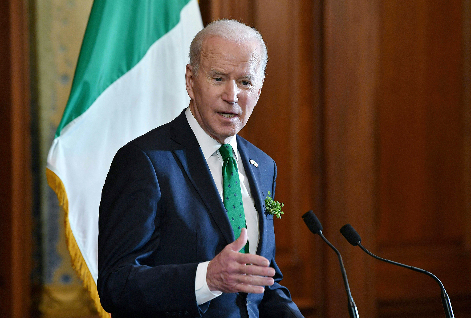 US President Joe Biden speaks during the annual St. Patrick's Day luncheon on March 17 in Washington, DC. 