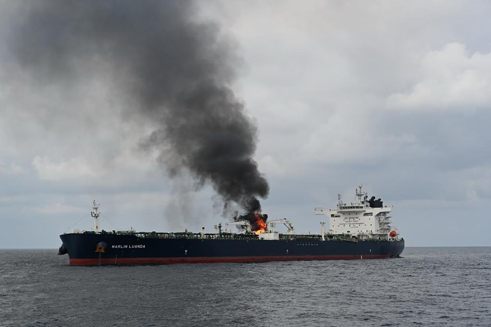 Stills show the Marlin Luanda vessel on fire in the Gulf of Aden after it was reportedly struck by an anti-ship missile fired from a Houthi-controlled area of Yemen.