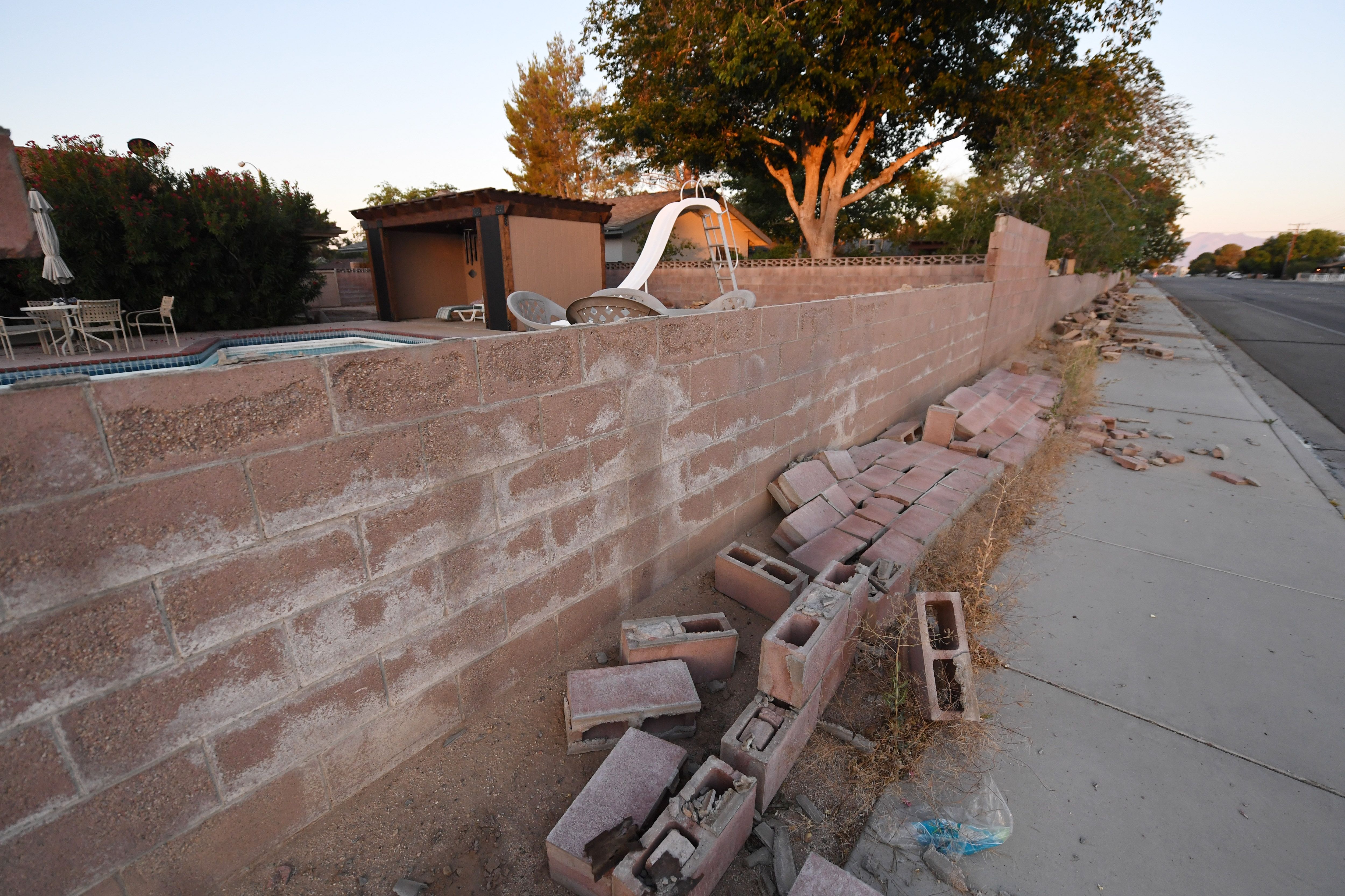 A cinderblock wall partially destroyed in Ridgecrest, California, on Saturda, following a magnitude 7.1 earthquake on Friday