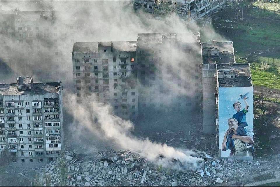 A building with a mother and child mural has been destroyed in Bakhmut, Ukraine, on April 27.