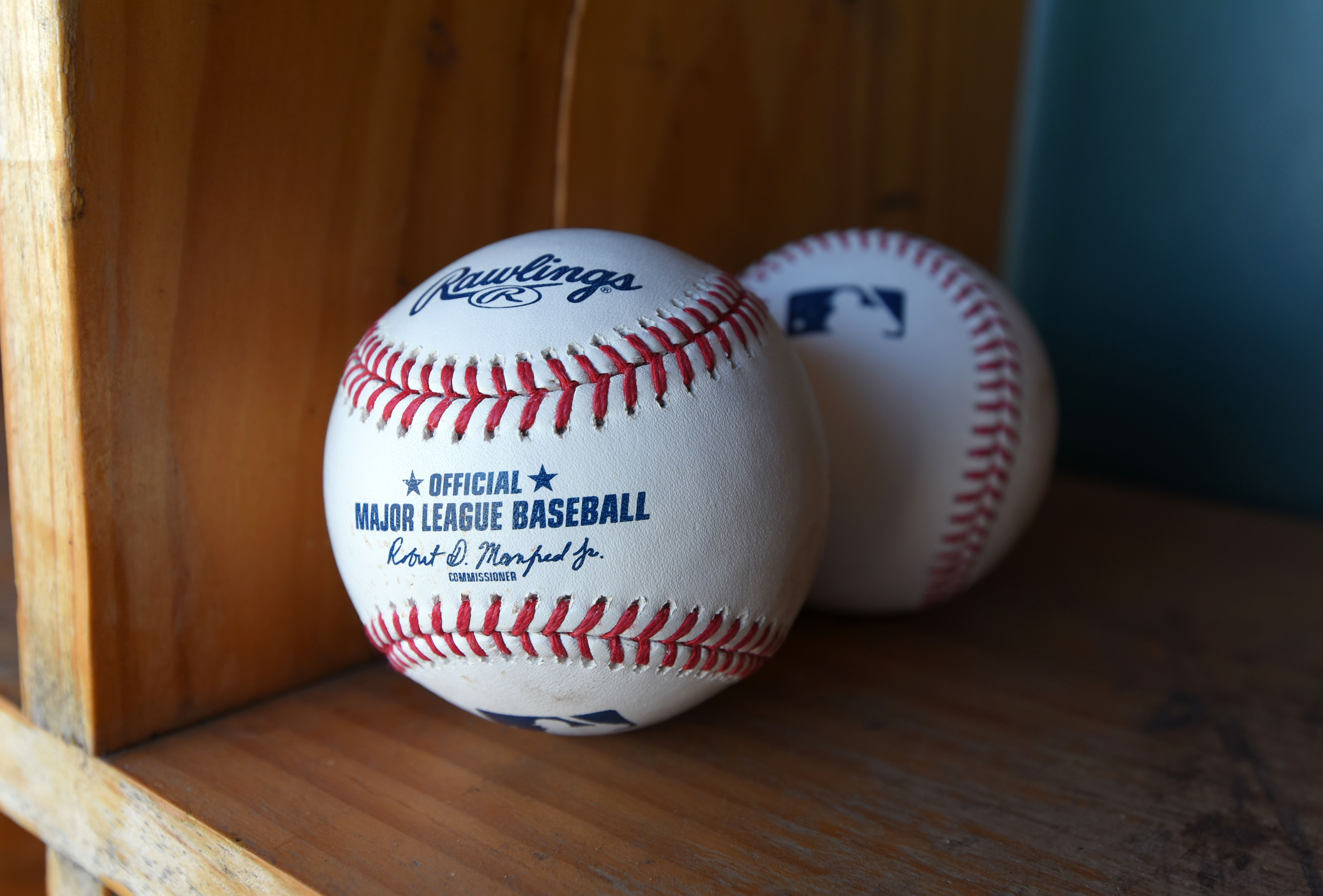A pair of baseballs are in the dugout prior to a spring training game between the New York Yankees and the Detroit Tigers in Lakeland, Florida, on March 1.