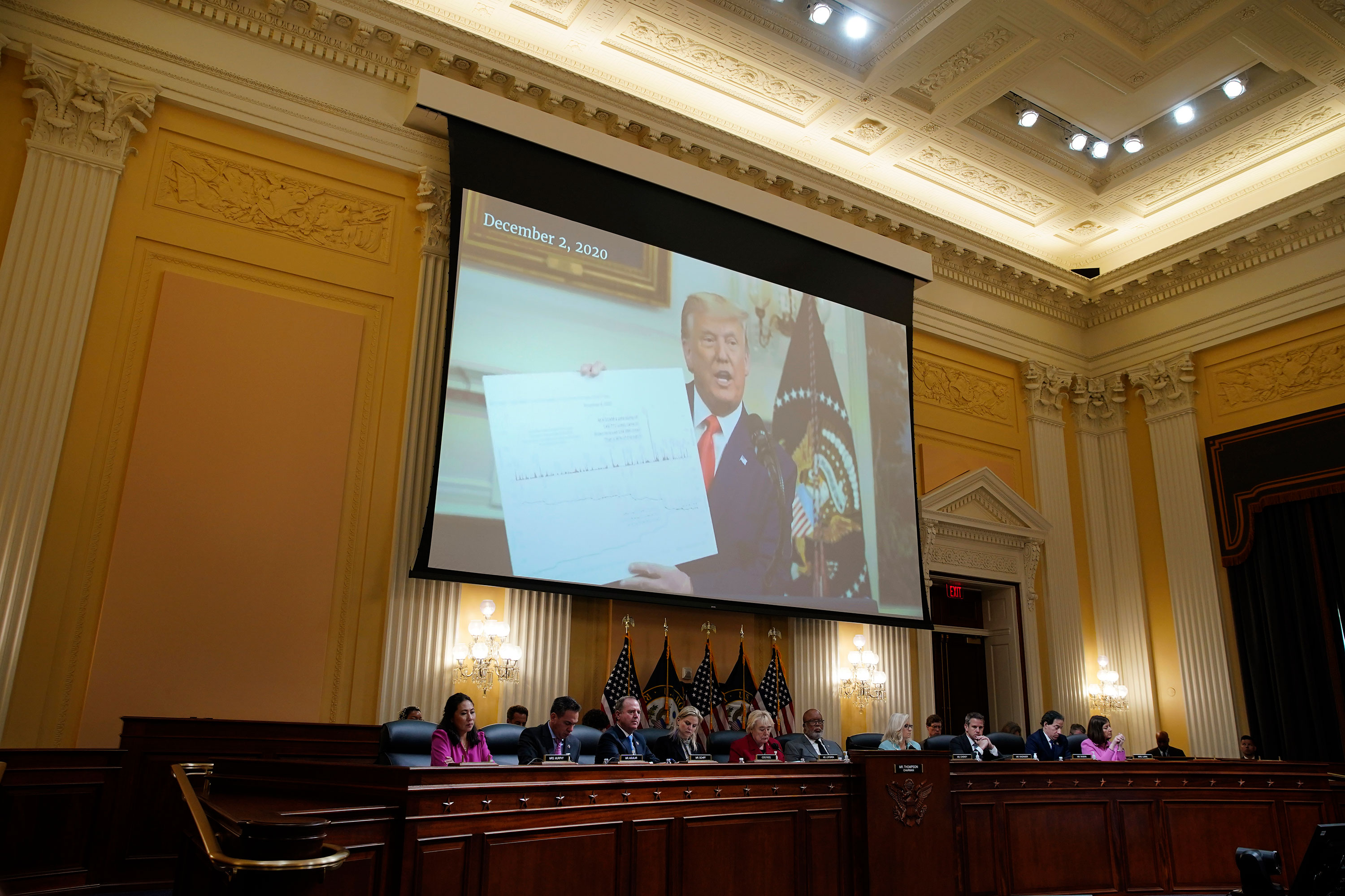 An image of Former US President Donald Trump is displayed on a screen during a hearing of the Select Committee to Investigate the January 6th Attack on the US Capitol in Washington on June 13.