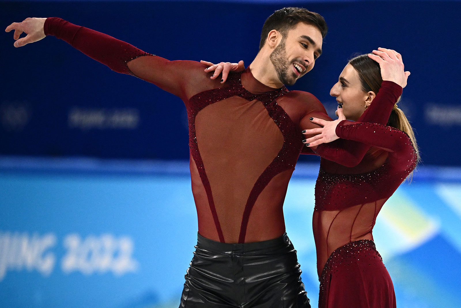 French ice skating duo Guillaume Cizeron and Gabriella Papadakis compete in the ice rhythm dance event on February 12.