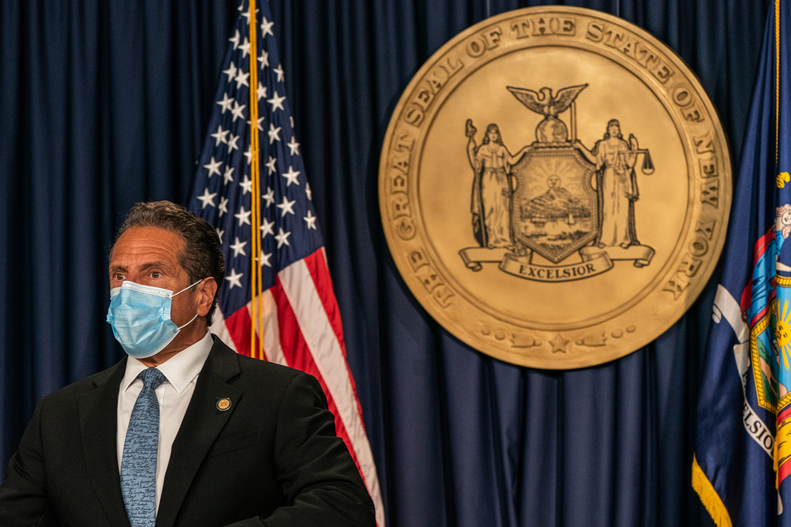 New York Gov. Andrew Cuomo wearing a protective mask attends during the daily media briefing at the Office of the Governor of the State of New York on July 23 in New York. 