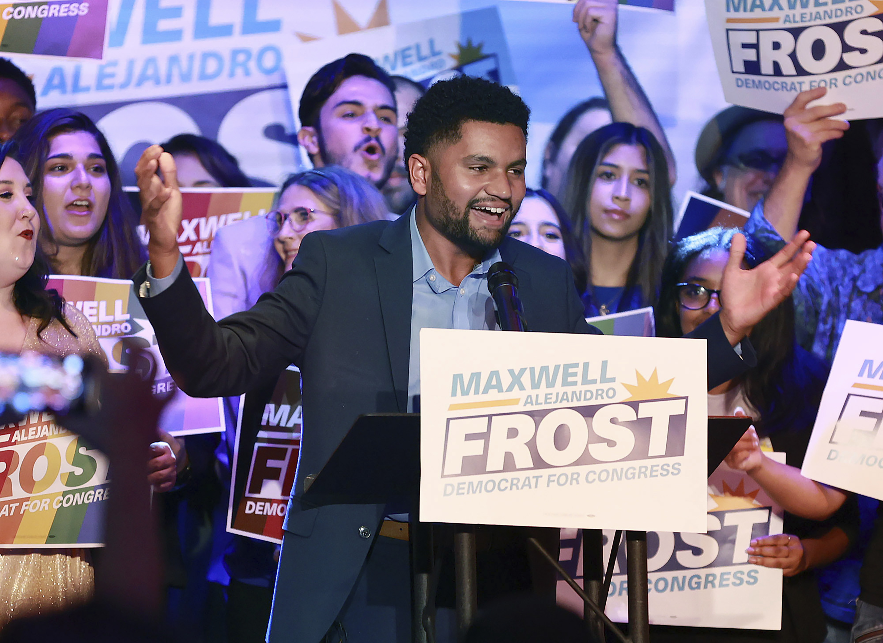 Maxwell Alejandro Frost speaks as he celebrates with supporters during a victory party at The Abbey in Orlando, Florida, on Tuesday, November 8.