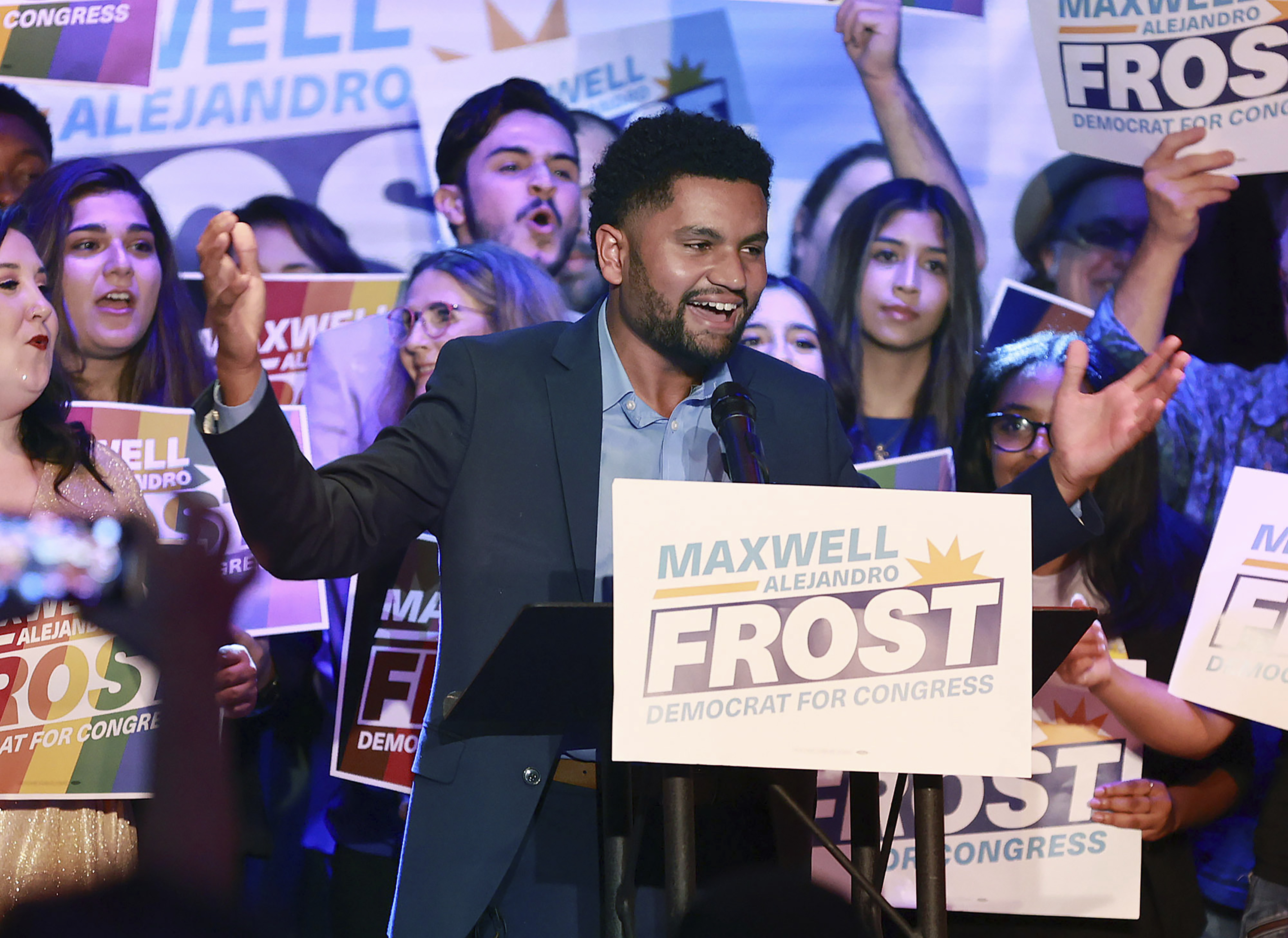 Maxwell Alejandro Frost speaks arsenic  helium  celebrates with supporters during a triumph  enactment      astatine  The Abbey successful  Orlando, Florida, connected  Tuesday, November 8.