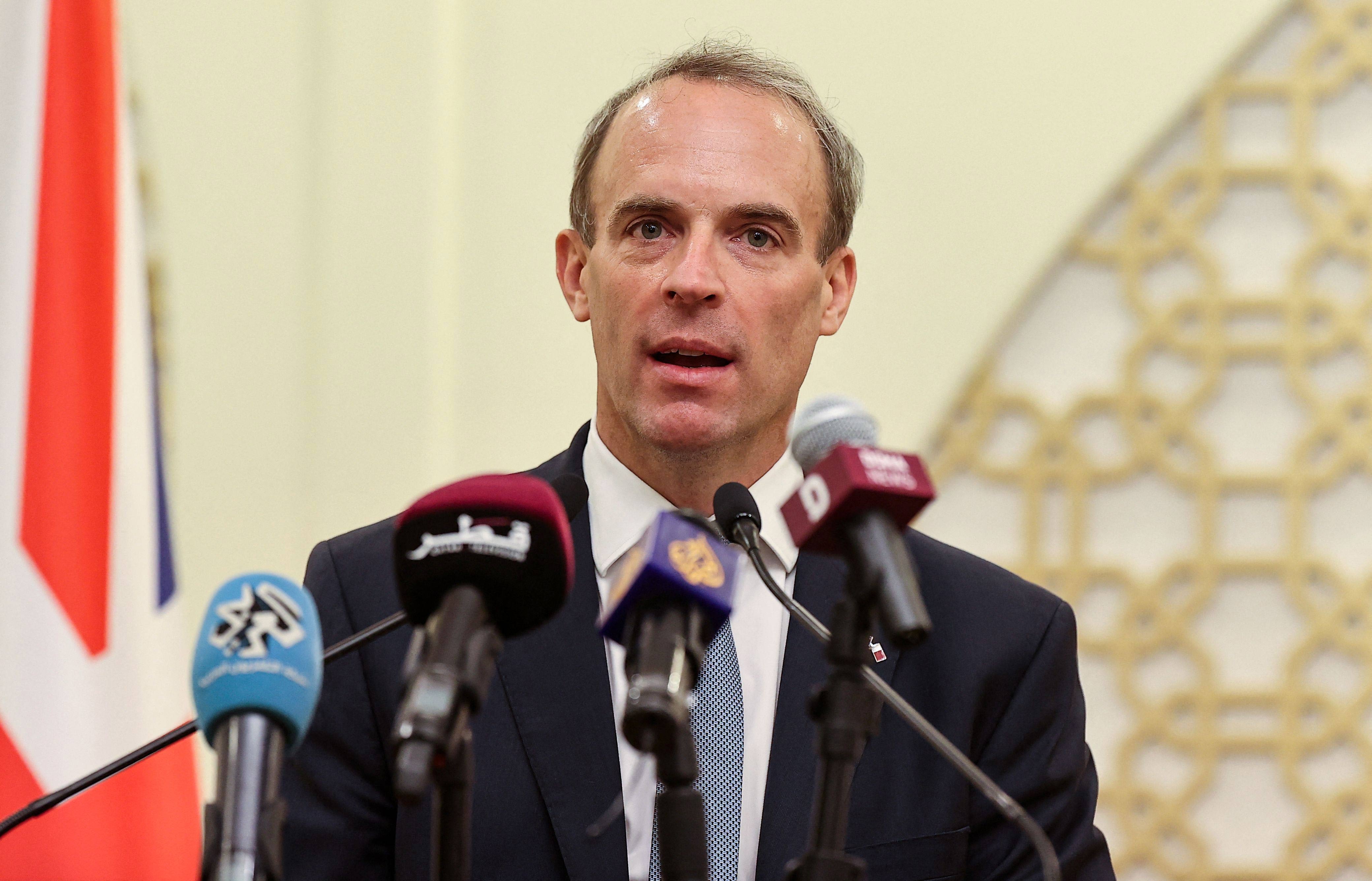Britain's Foreign Secretary Dominic Raab speaks during a joint press conference with Qatar's foreign minister in Doha on September 2.