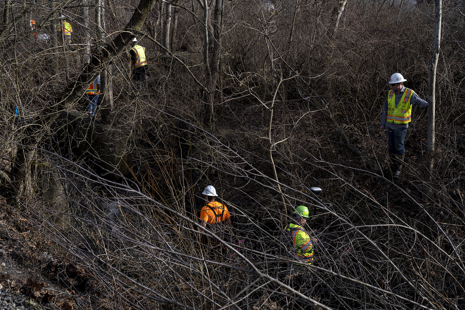 Ohio EPA and other clean-up crews work in Sulphur Run creek on February 23 in East Palestine, Ohio