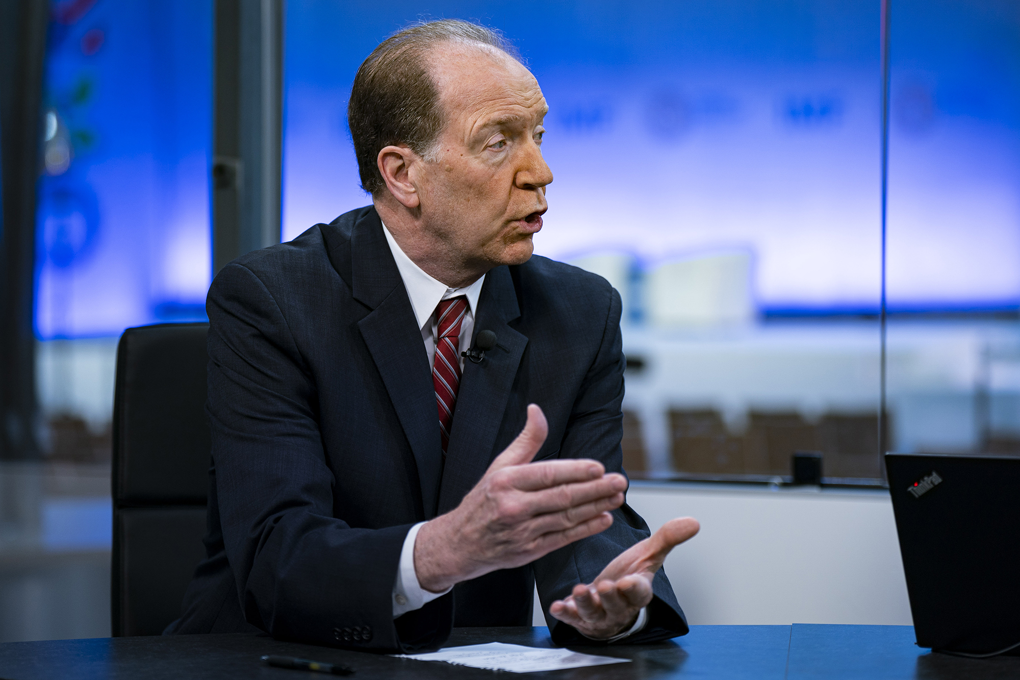 World Bank President David Malpass speaks during an interview on April 13, in Washington, DC. 