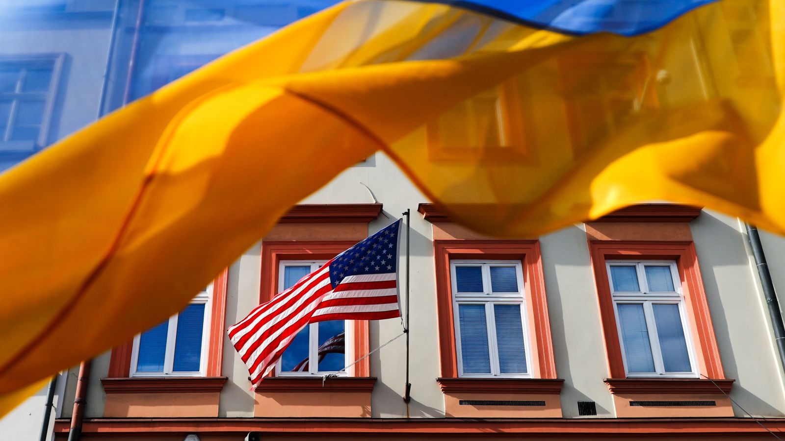 The Ukrainian flag is seen in front of the US Consulate General in Krakow, Poland, on March 10, 2022.