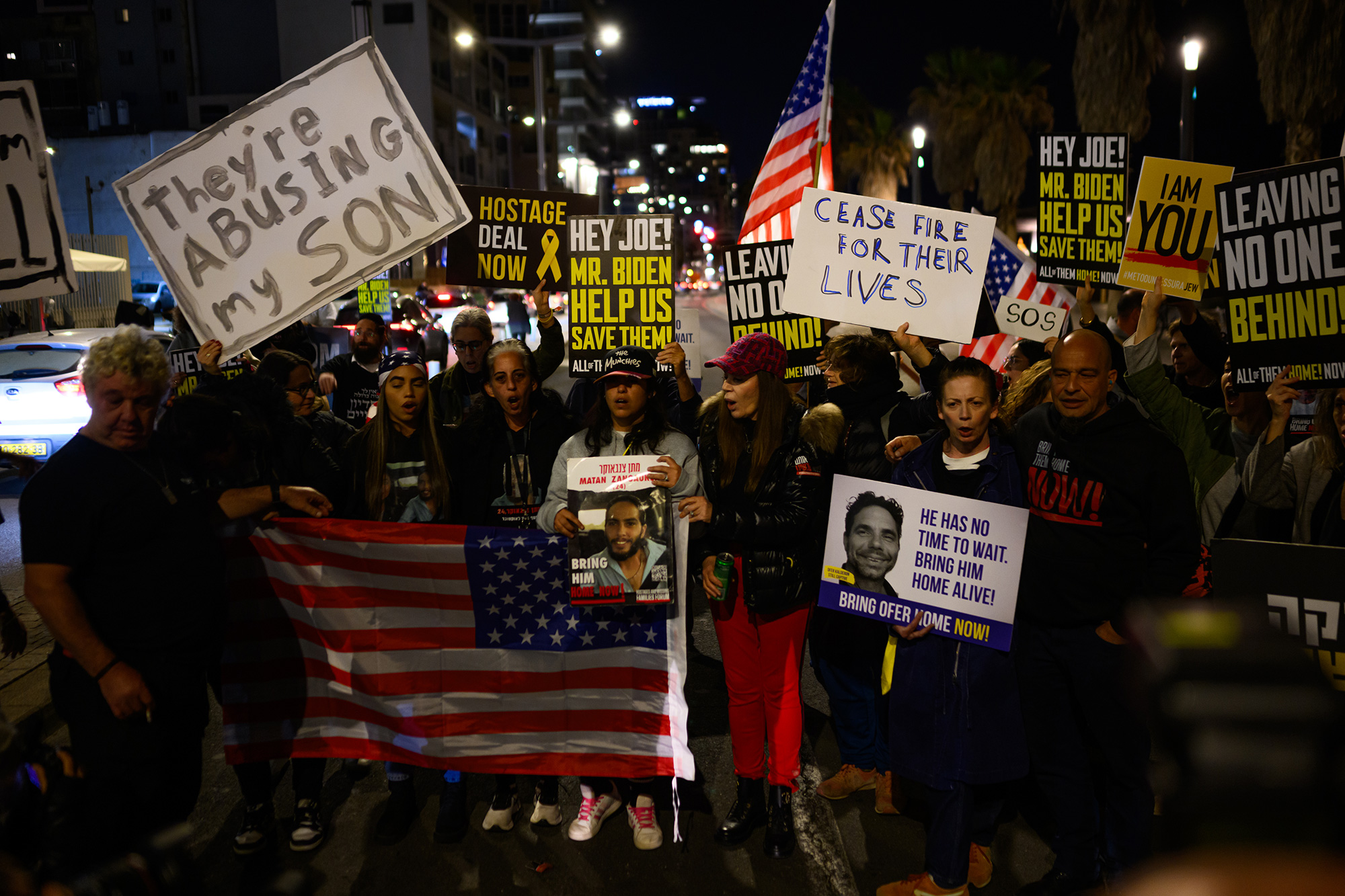 Protestors call on President Joe Biden to secure a hostage deal ahead of Ramadan, outside the U.S. Embassy in Tel Aviv on March 5.