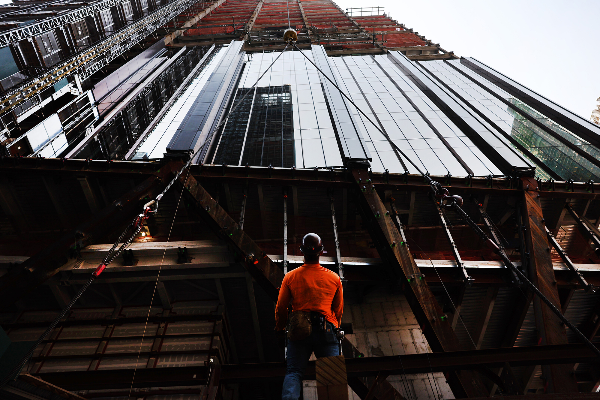 Construction workers prepare steel for a crane in Midtown East on May 18 in New York City. 