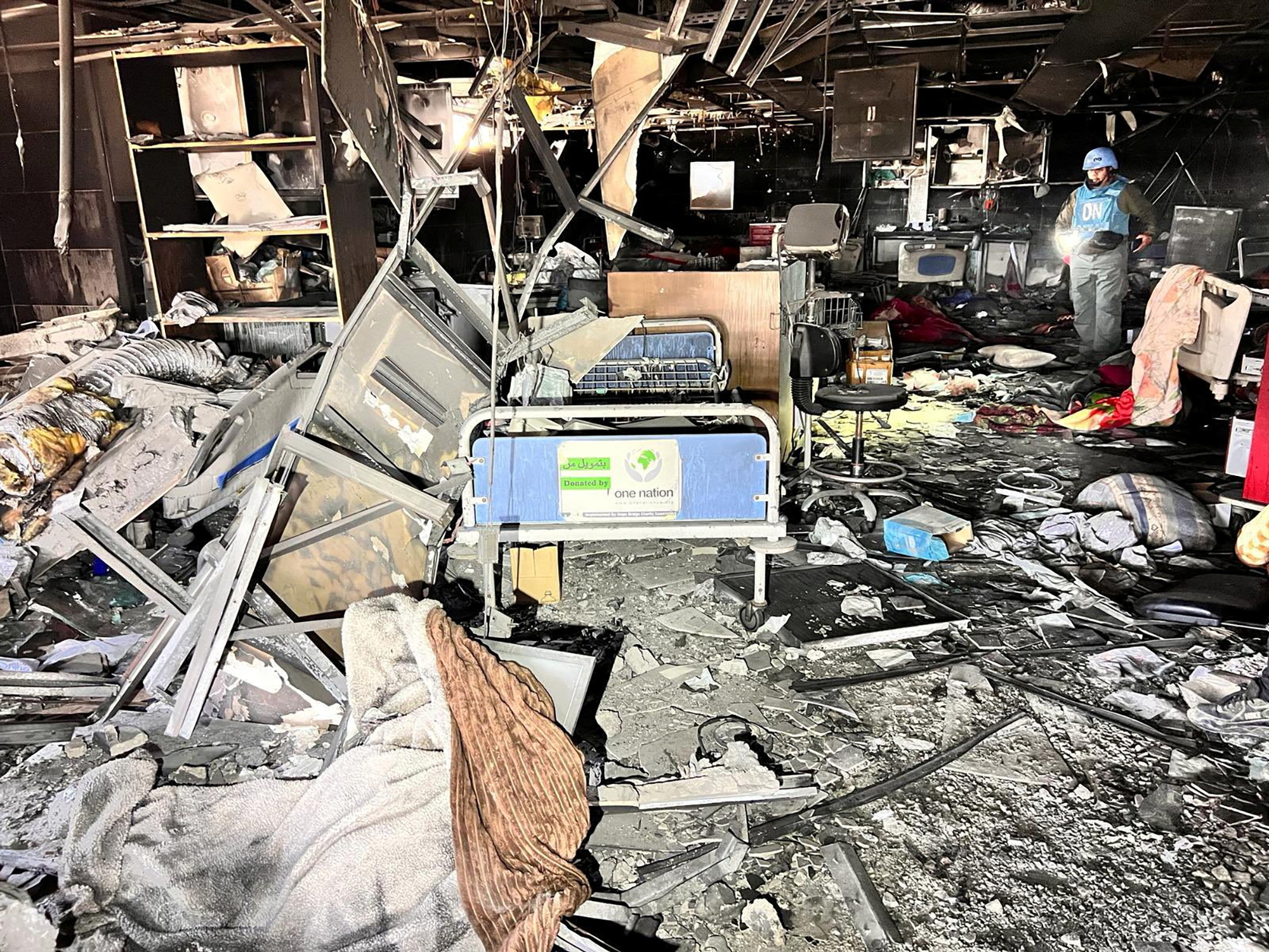 A view inside the destroyed Al Shifa Hospital, Gaza, during an inspection by the World Health Organisation in this handout image released April 6, 2024. 