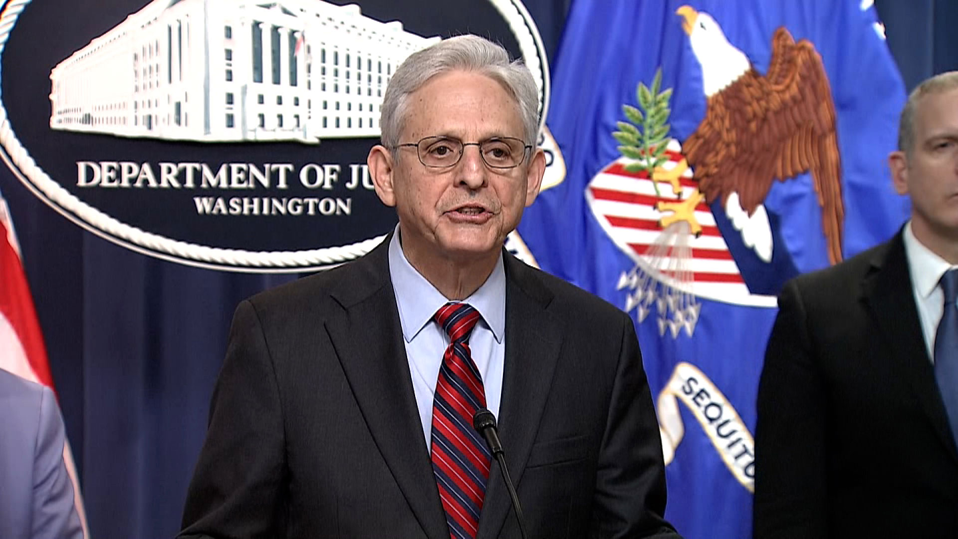 Attorney General Merrick Garland speaks to the press on Thursday.