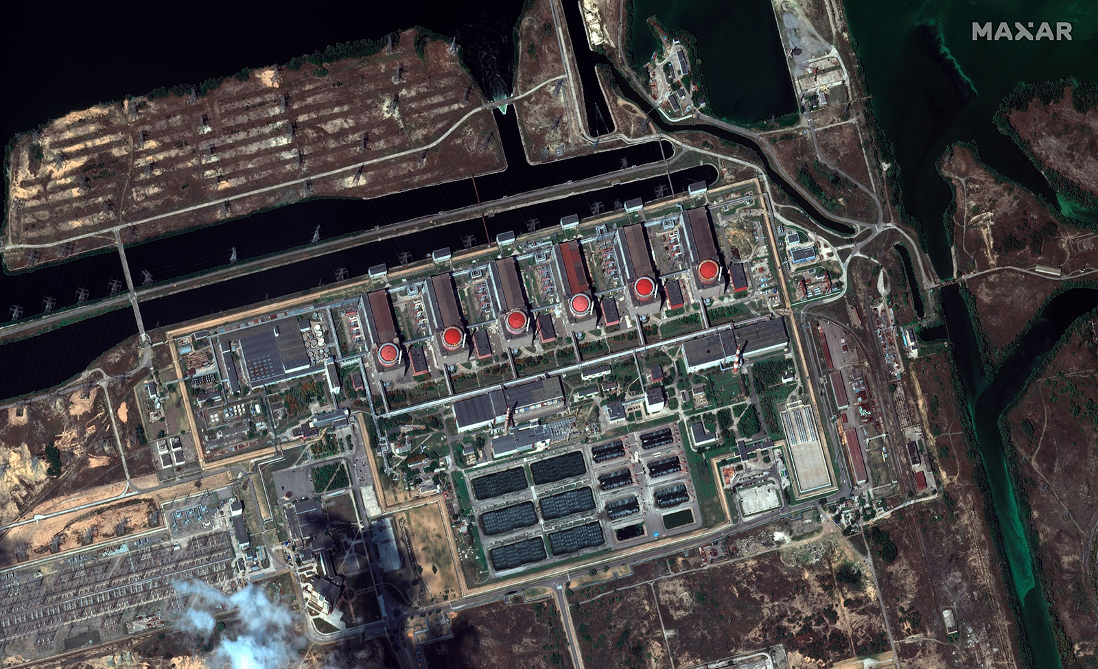 This satellite image provided by Maxar Technologies shows the Zaporizhzhia nuclear plant in eastern Ukraine on August 19. 