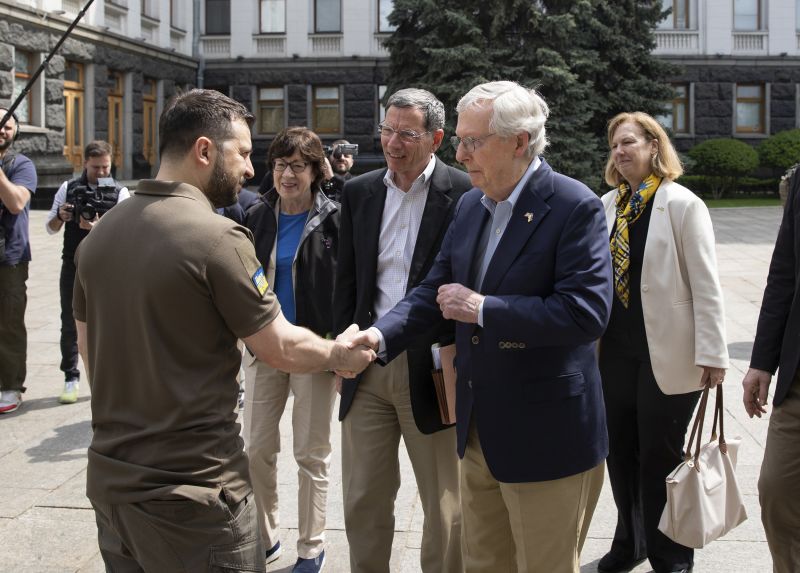 Ukrainian President Volodymyr Zelensky welcomes the U.S. Senate Minority Leader Mitch McConnell and the delegation he leads in Kyiv, Ukraine on May 14.