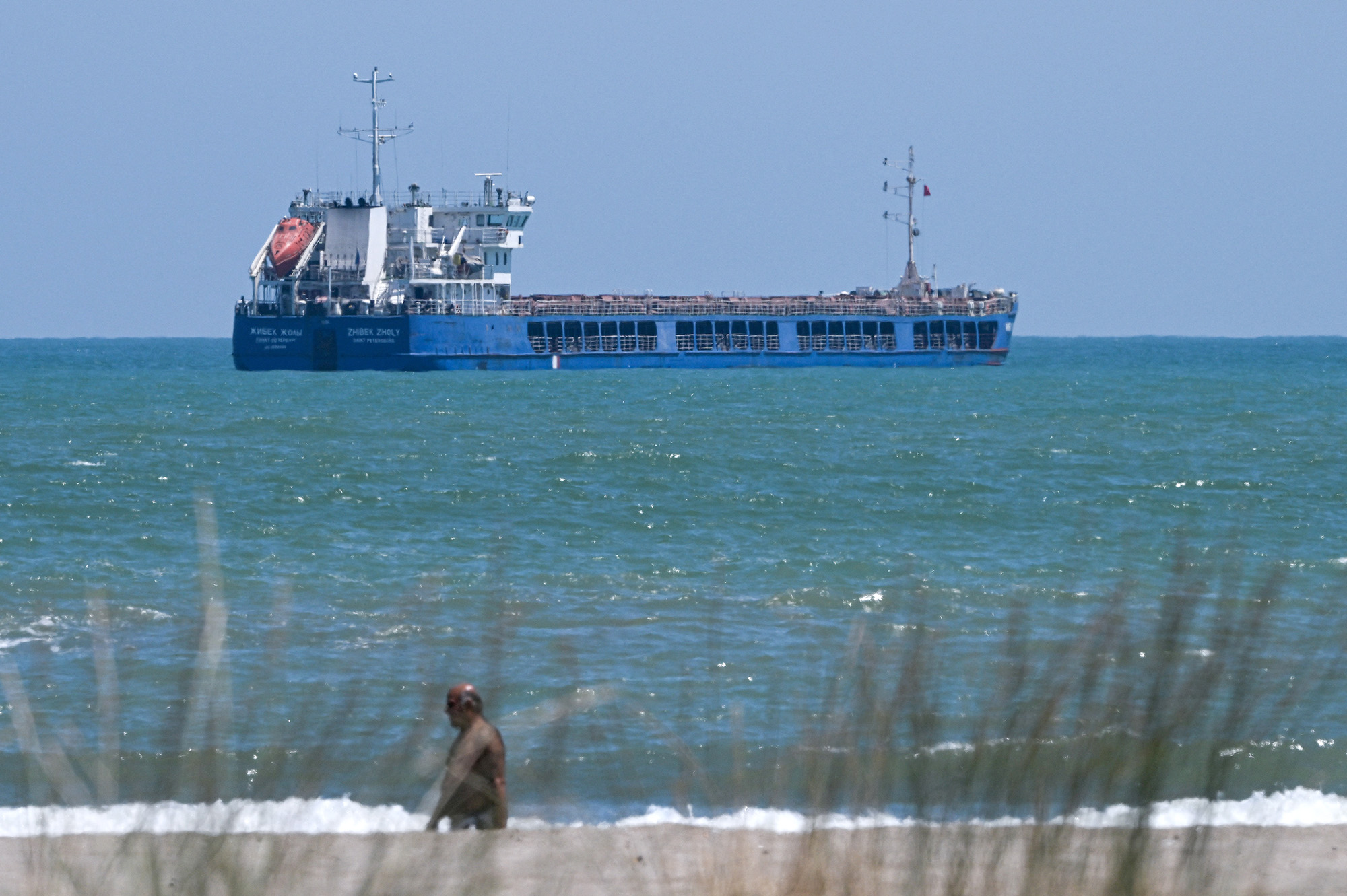 The Russian-flagged cargo ship "Zhibek Zholy" lies anchored off the Black Sea coast, Turkey, on July 5.