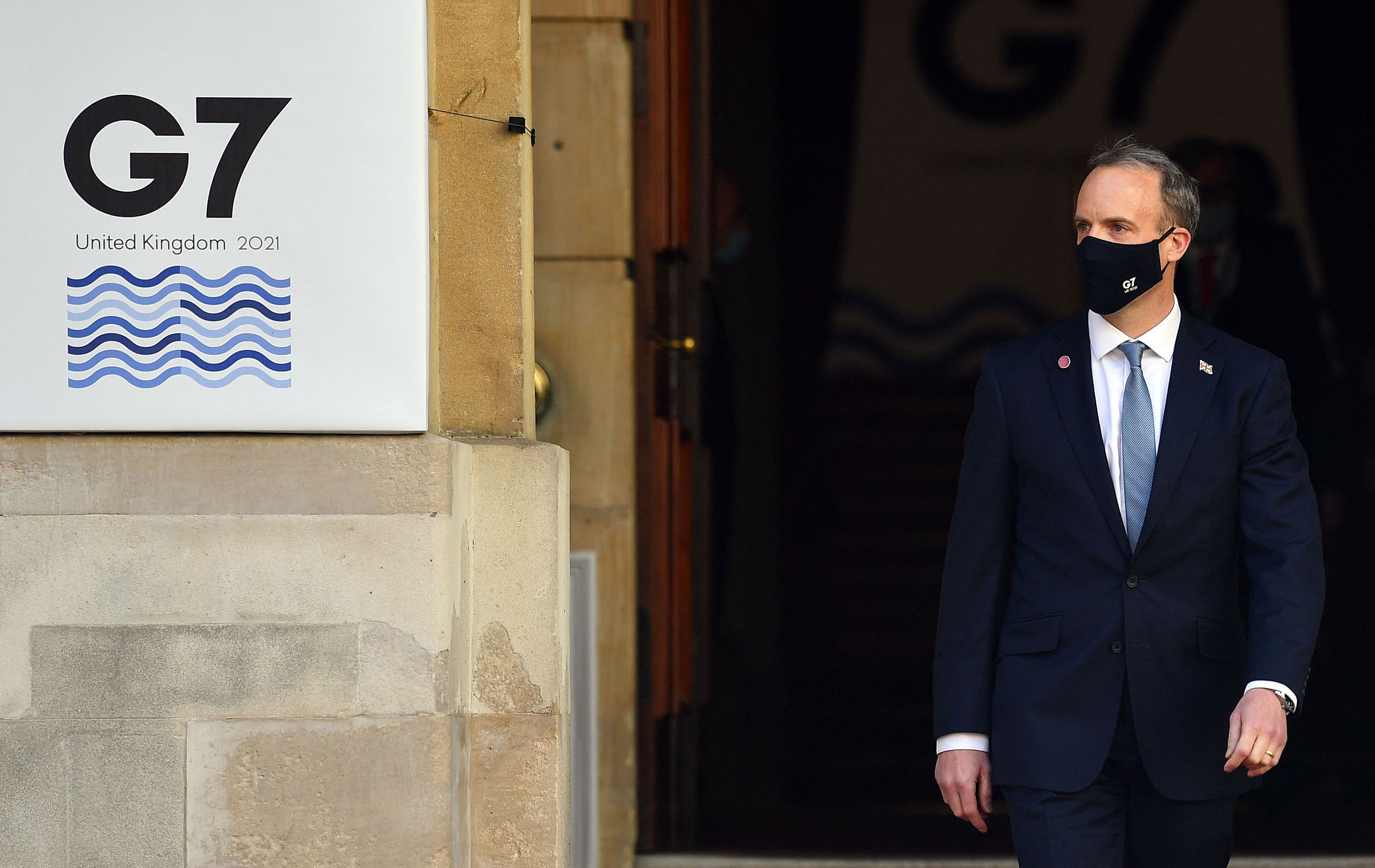 UK Foreign Secretary Dominic Raab waits to greet participants at the G7 foreign and development ministers' meeting in London on May 5, 2021.