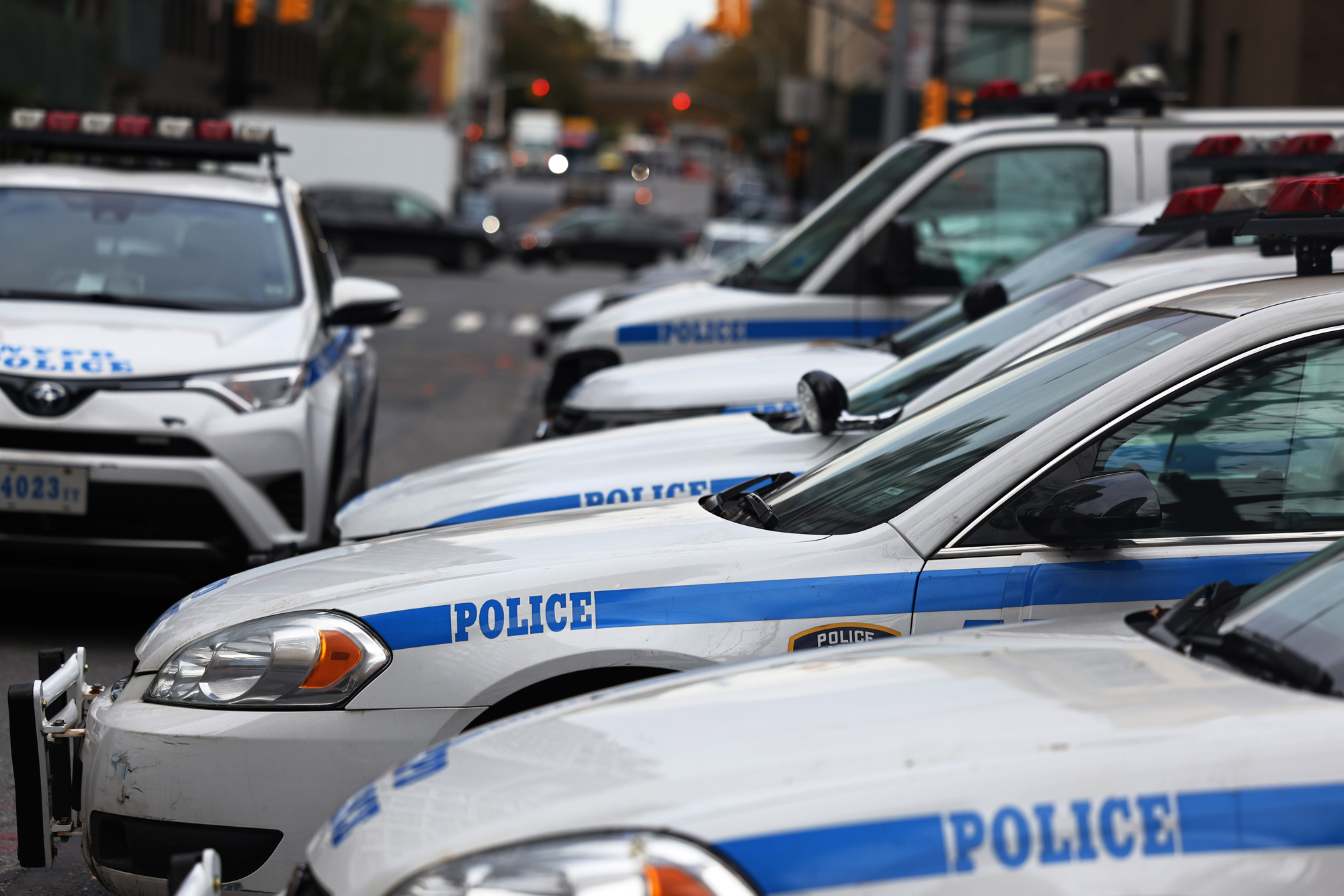NYPD cruisers are seen parked on October 29, in New York City. 