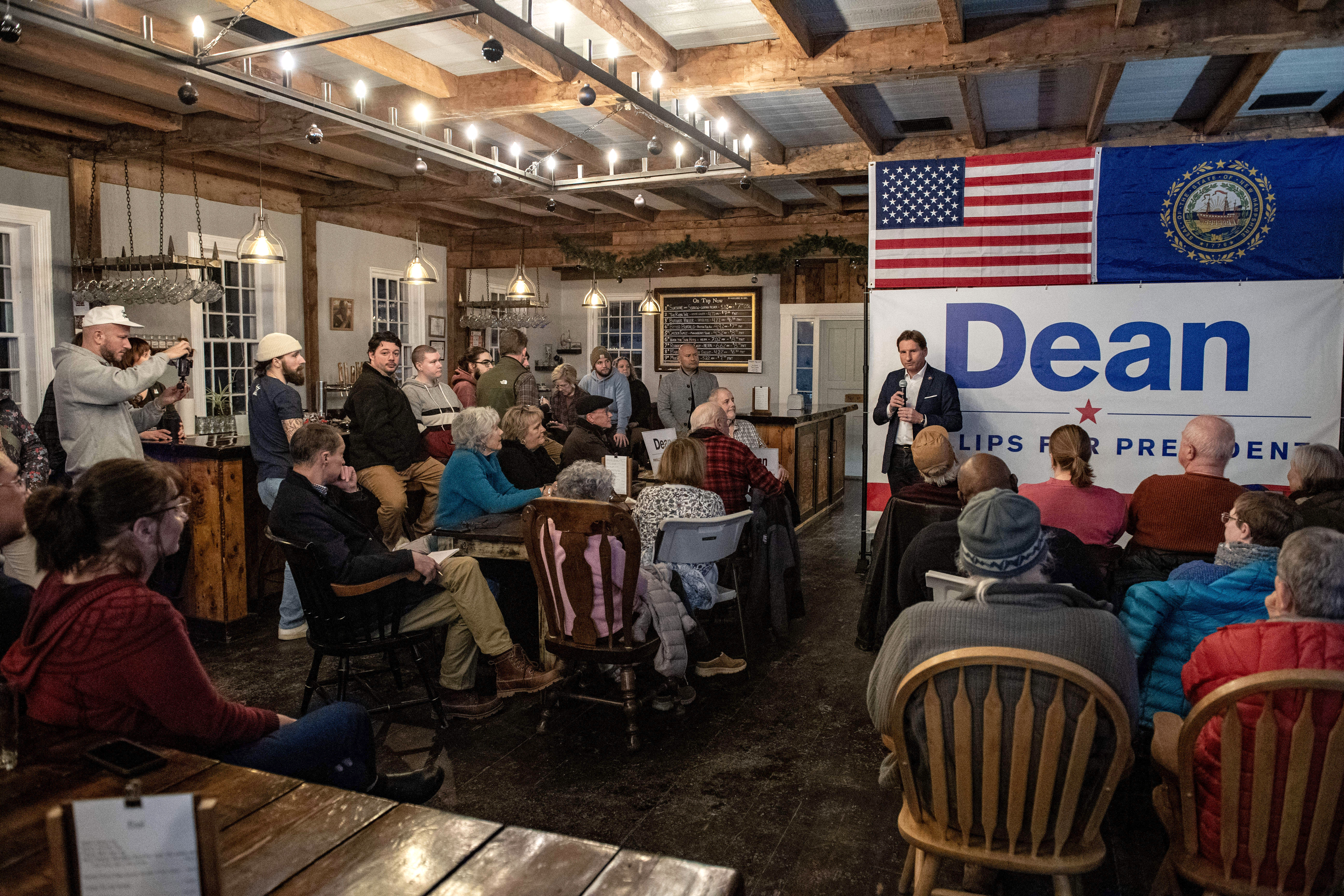Minnesota Rep. Dean Phillips speaks during a campaign event at Post & Beam Brewing in Peterborough, New Hampshire, on January 17.